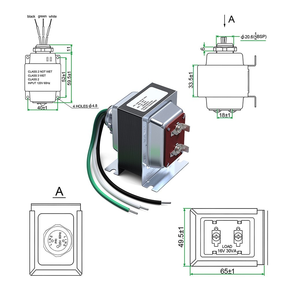 Shielded 16V 30VA Doorbell Transformer for Reliable Video Doorbell Power Supply