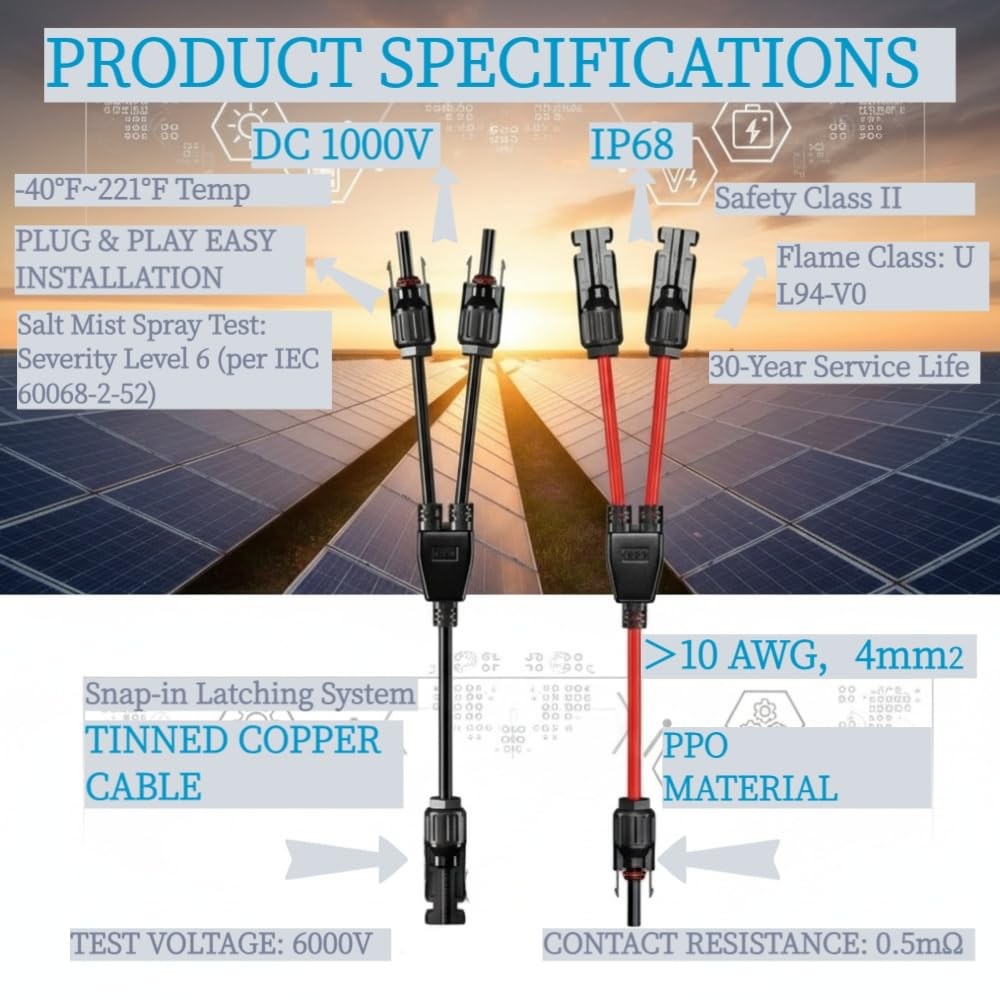 Solar Y Branch Connectors Parallel Panel Adapter Cable 30A DC 1000V PPO