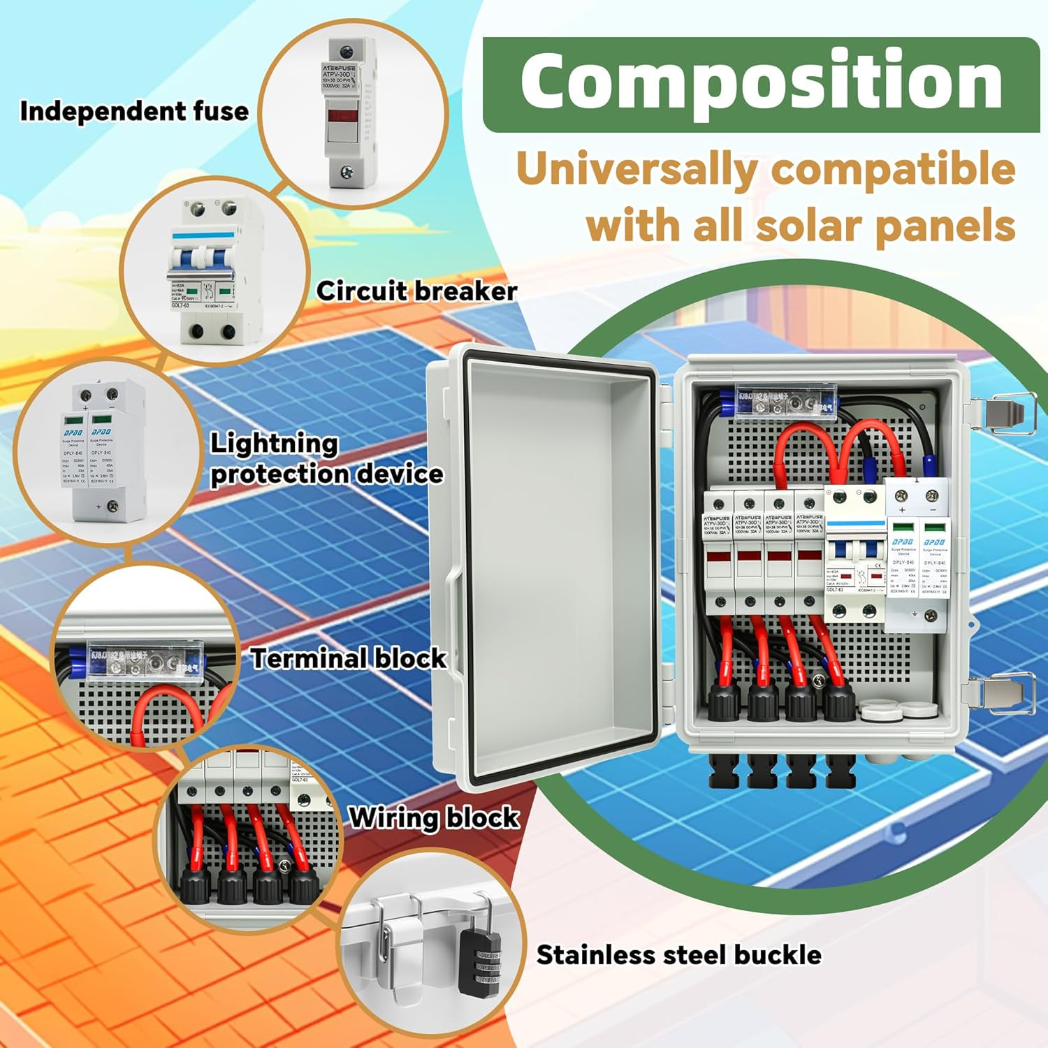4 String Solar Combiner Box, IP65 Waterproof PV Combiner Box for On/Off Grid Sol