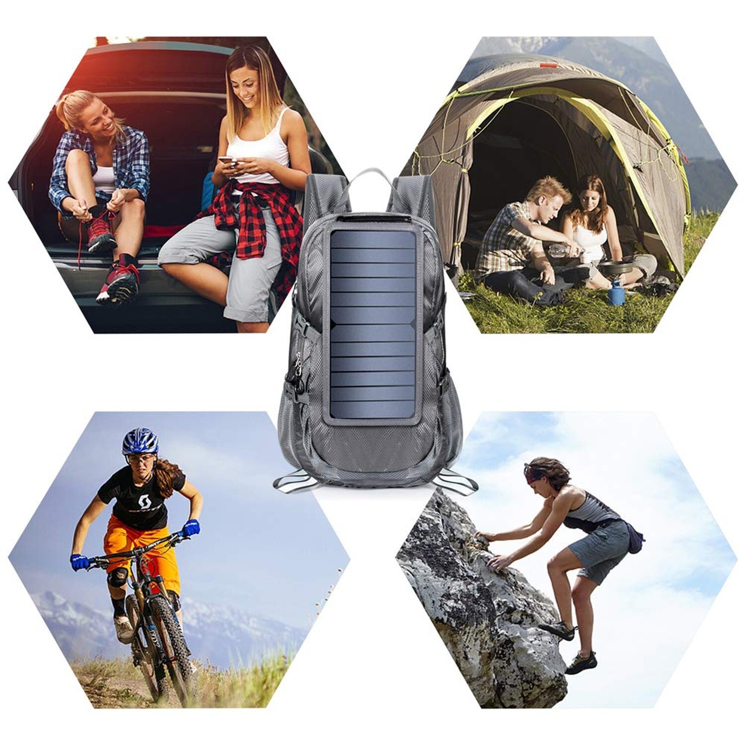 Solar Backpack Foldable Hiking Daypack With 5V Power Supply Grey