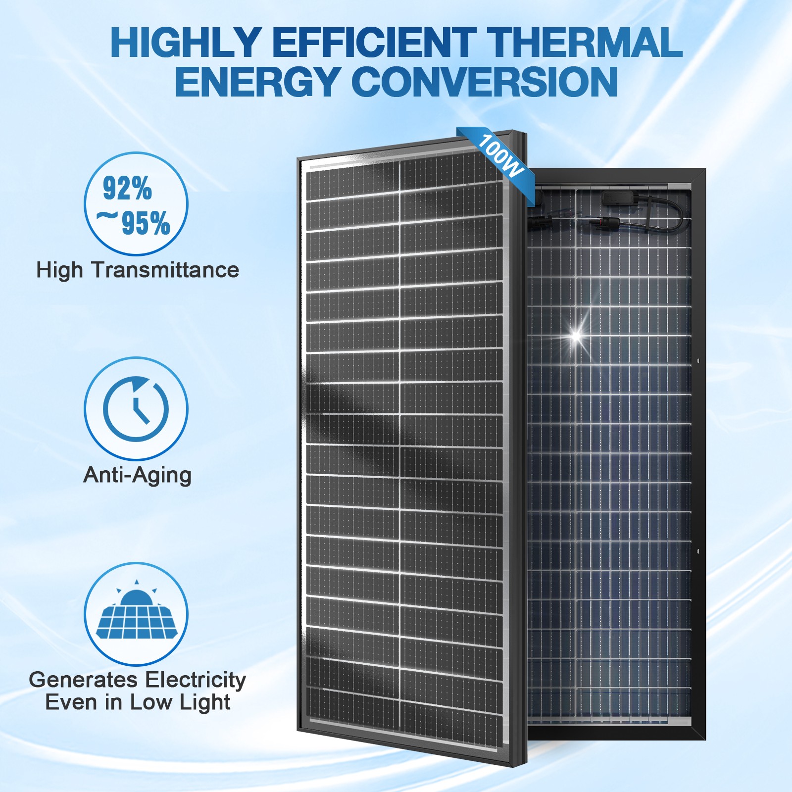 Werchtay 100Watt Bifacial 2Pack Solar Panel 12V Mono Home PV Power Off-Grid Boat