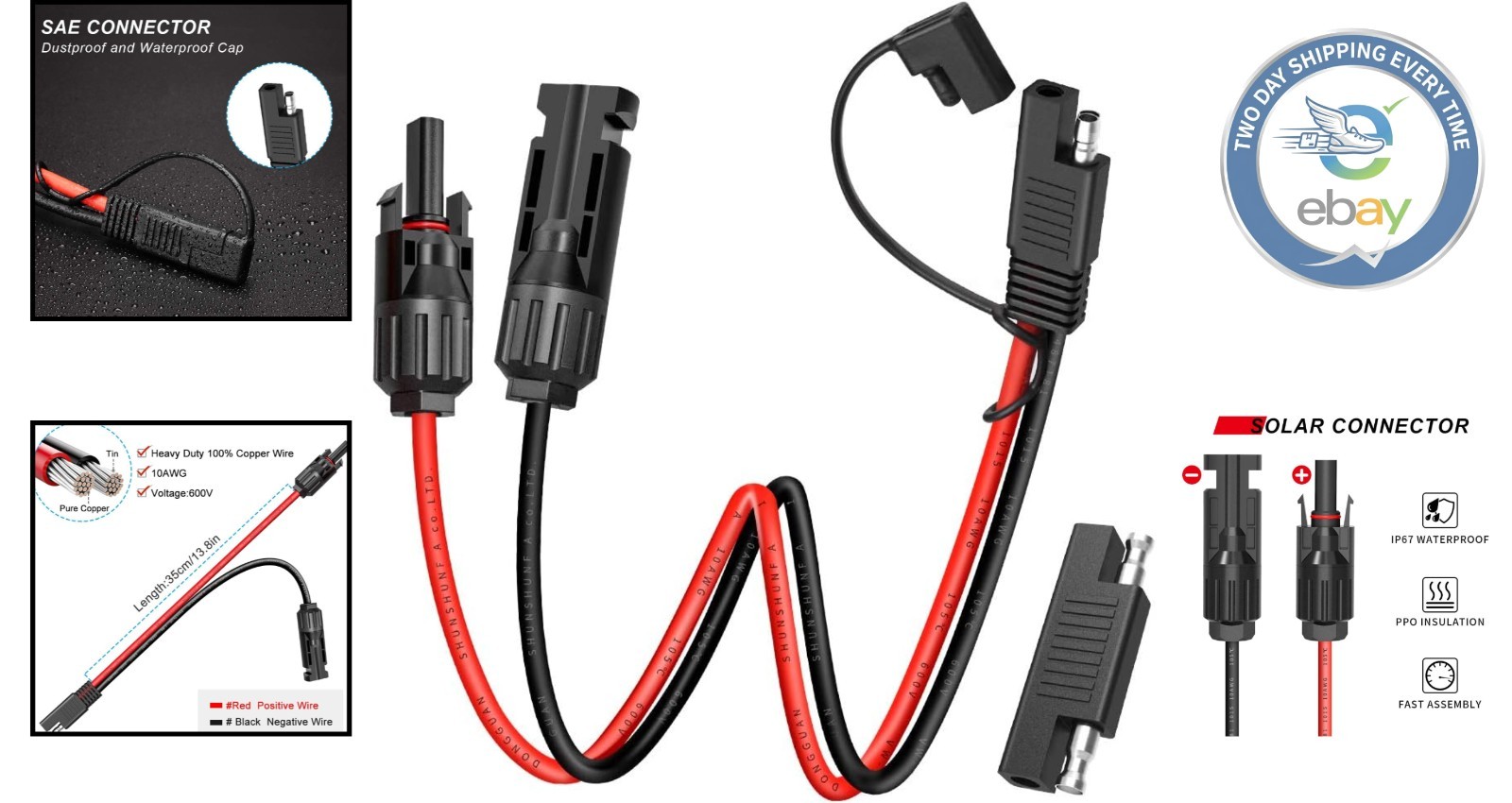 SAE Connector Cable for Solar Panels – 10AWG 600V with Polarity Adapter