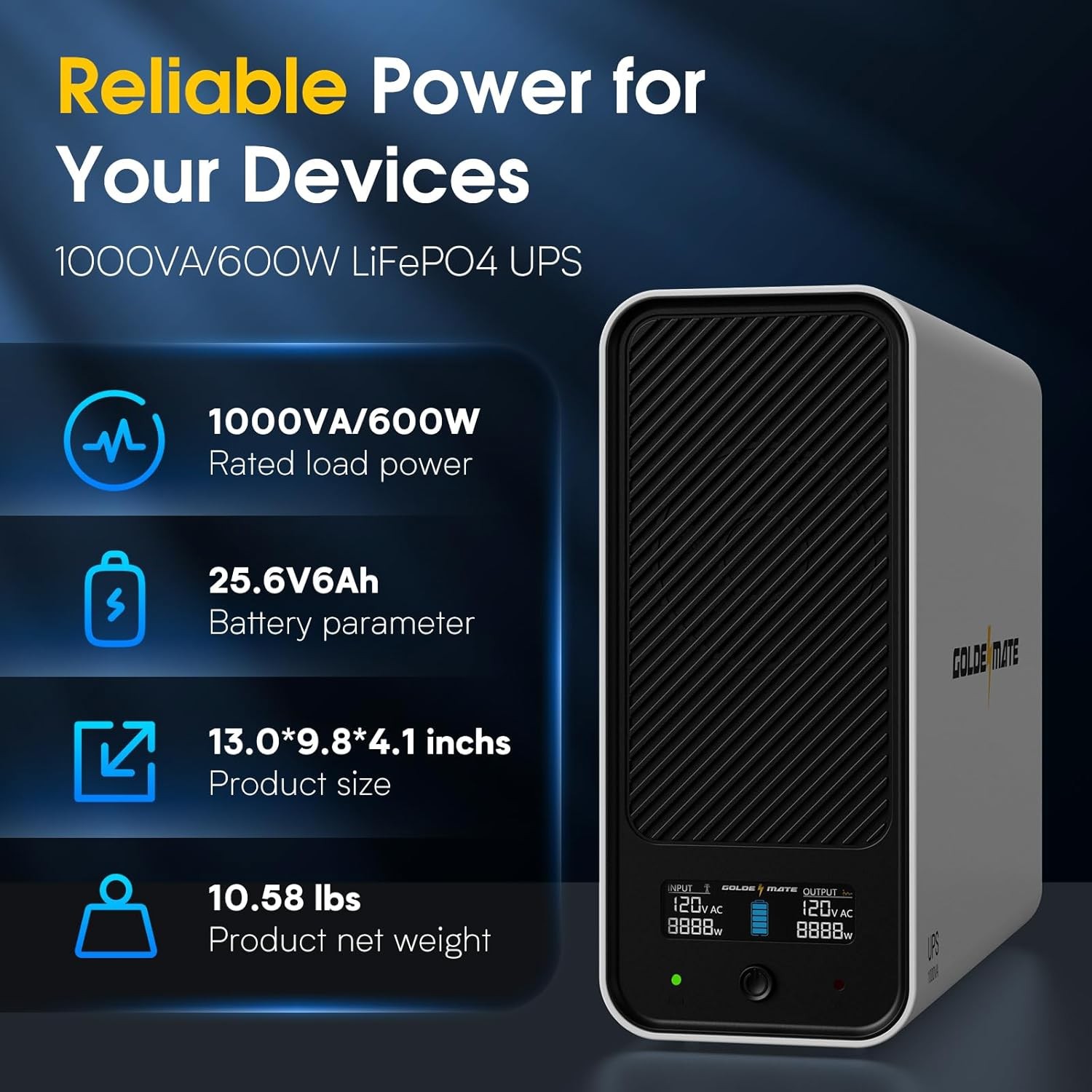 Goldenmate 1000VA 600W LiFePO4 UPS Pure Sine Wave Battery Backup （Communication）