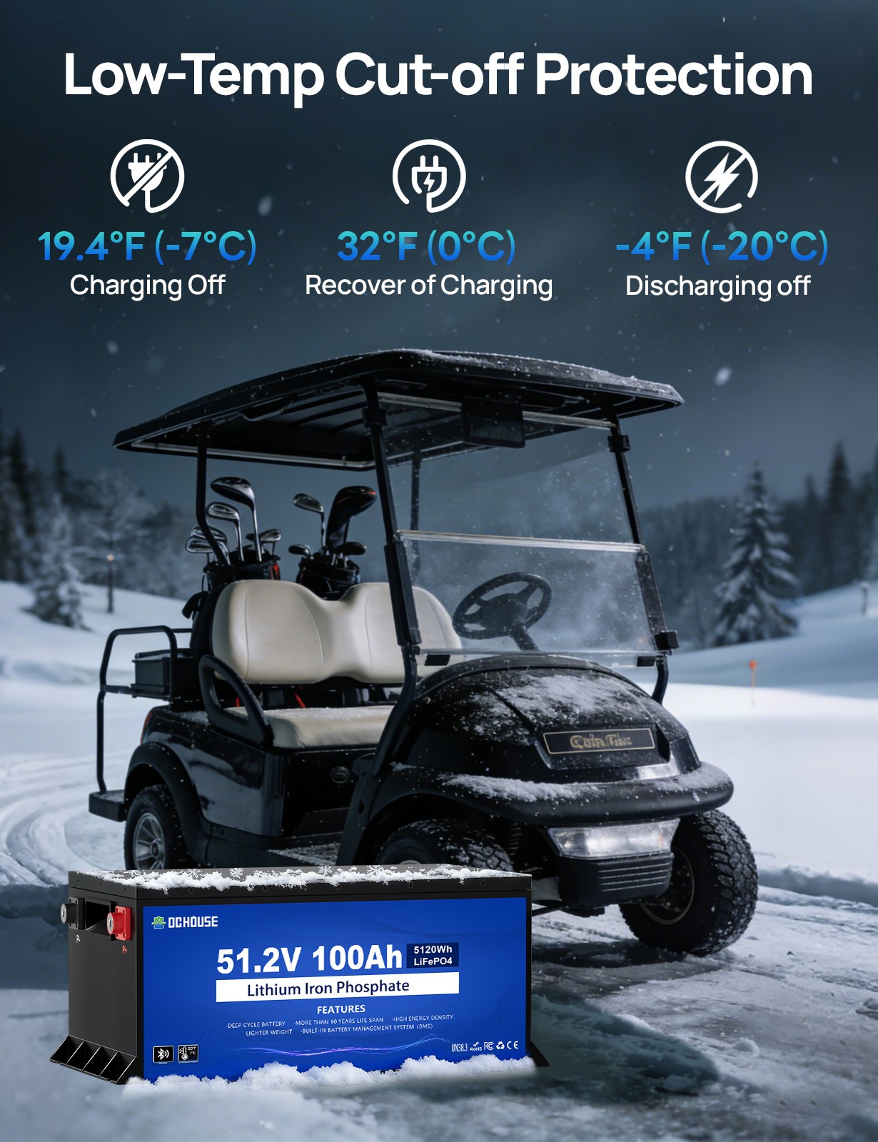 48V 100Ah Metal Case LiFePO4 Golf Cart Battery 18A Charger Bluetooth Monitor