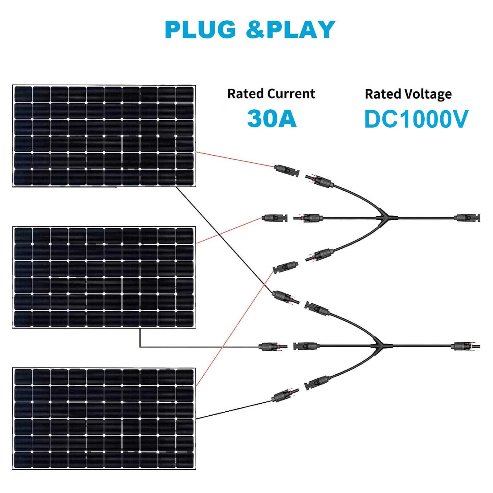 1 Pair 12AWG 1 to 3 Y Branch Solar Wiring Connector Solar Cable for Solar Panel