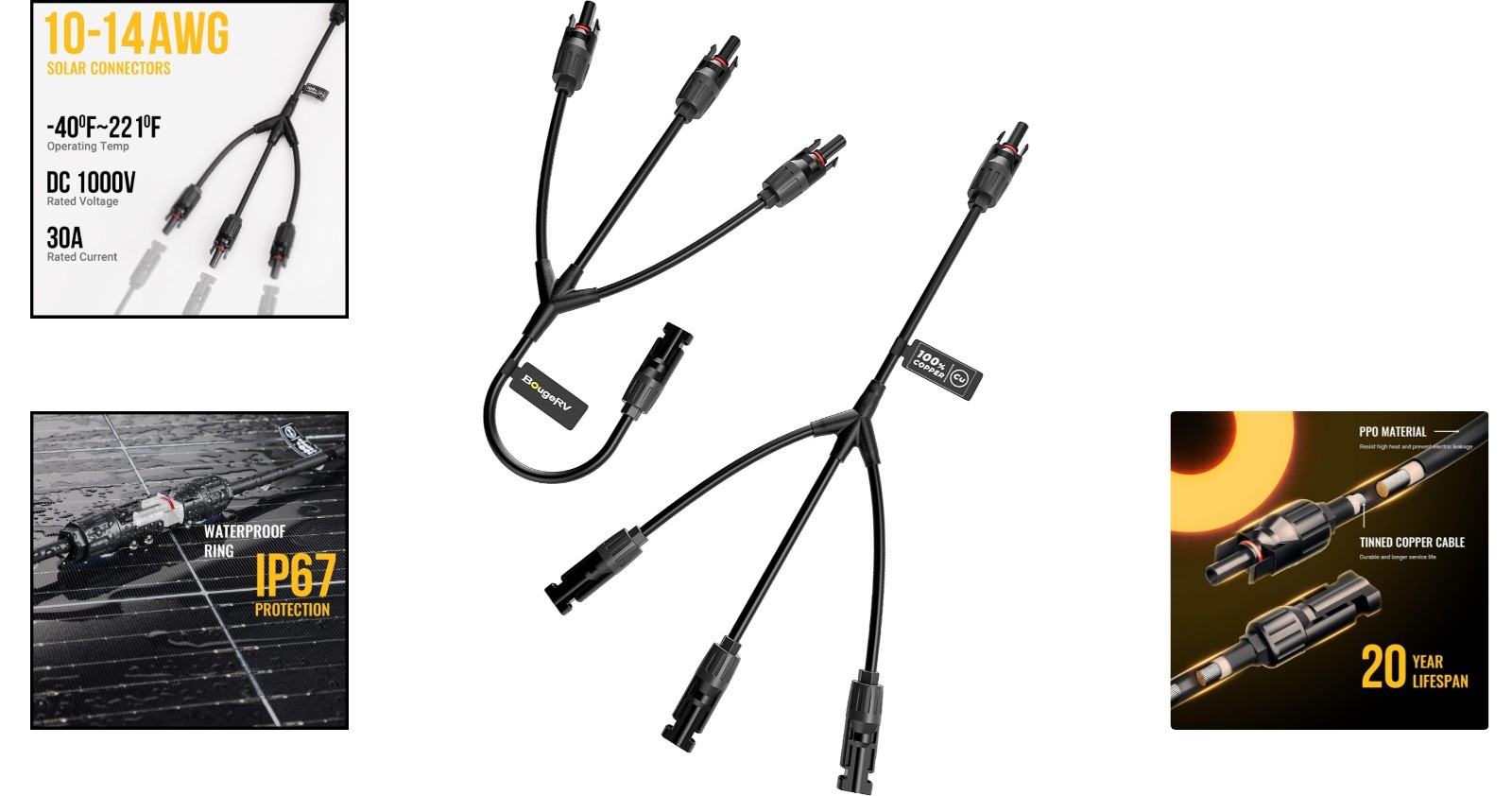 Universal Waterproof Solar Y Connectors: Maximum 30A for Rugged Environments