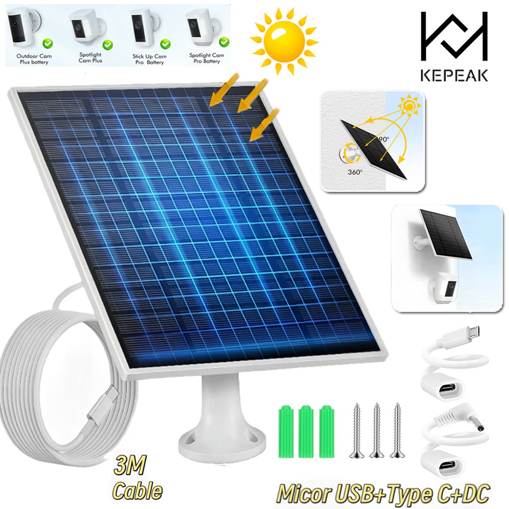 Waterproof Solar Panel Kit 5W 5V W/ Stand For Spotlight Camera Doorbell Charger