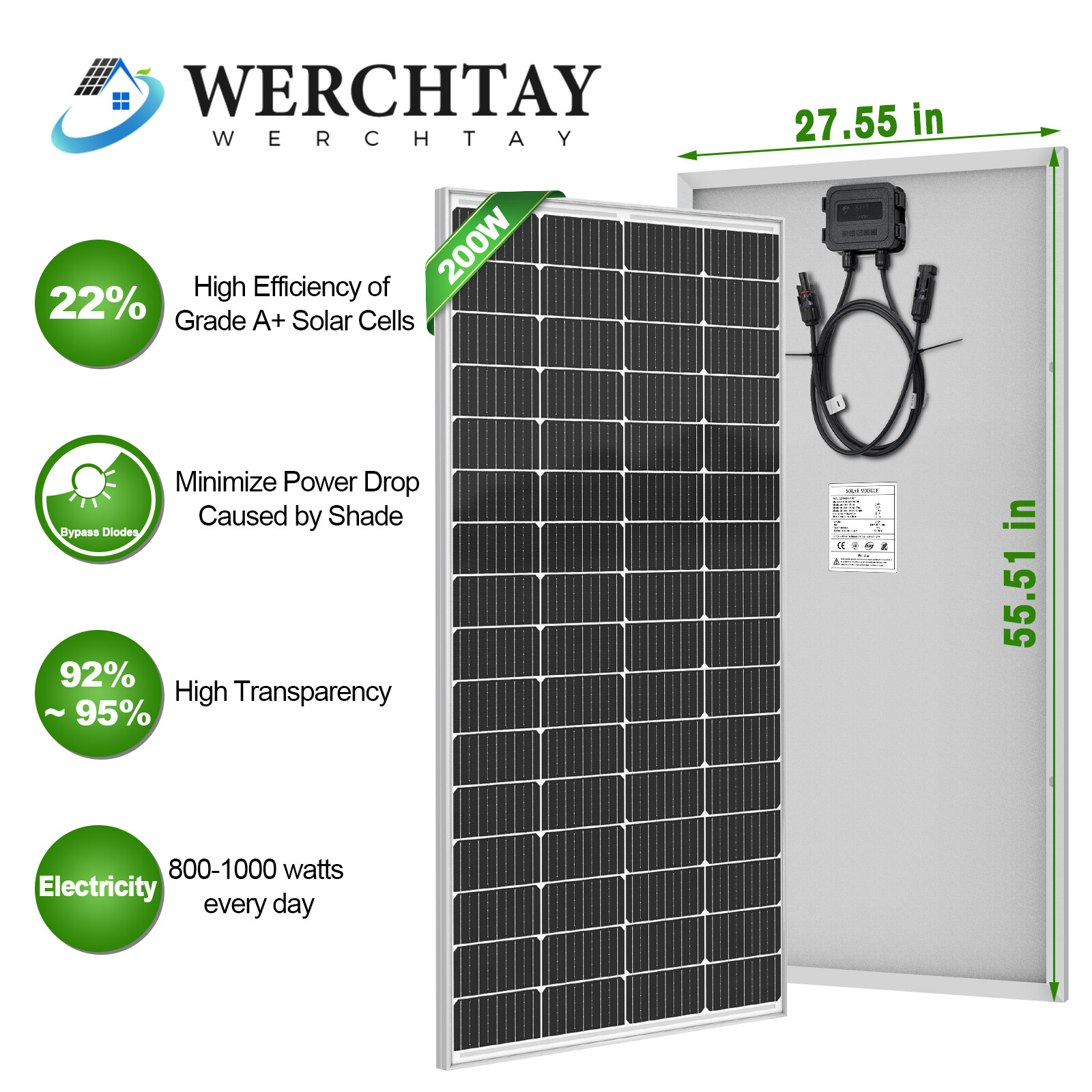 200W Solar Panel Mono 12V Battery Charge RV PV Home Off-Grid Battery Power Grid