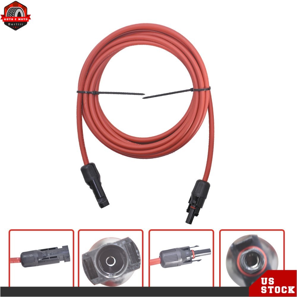 10 AWG 15 FT 1 Pair Black + Red Solar Panel Extension Cable Wire Connector