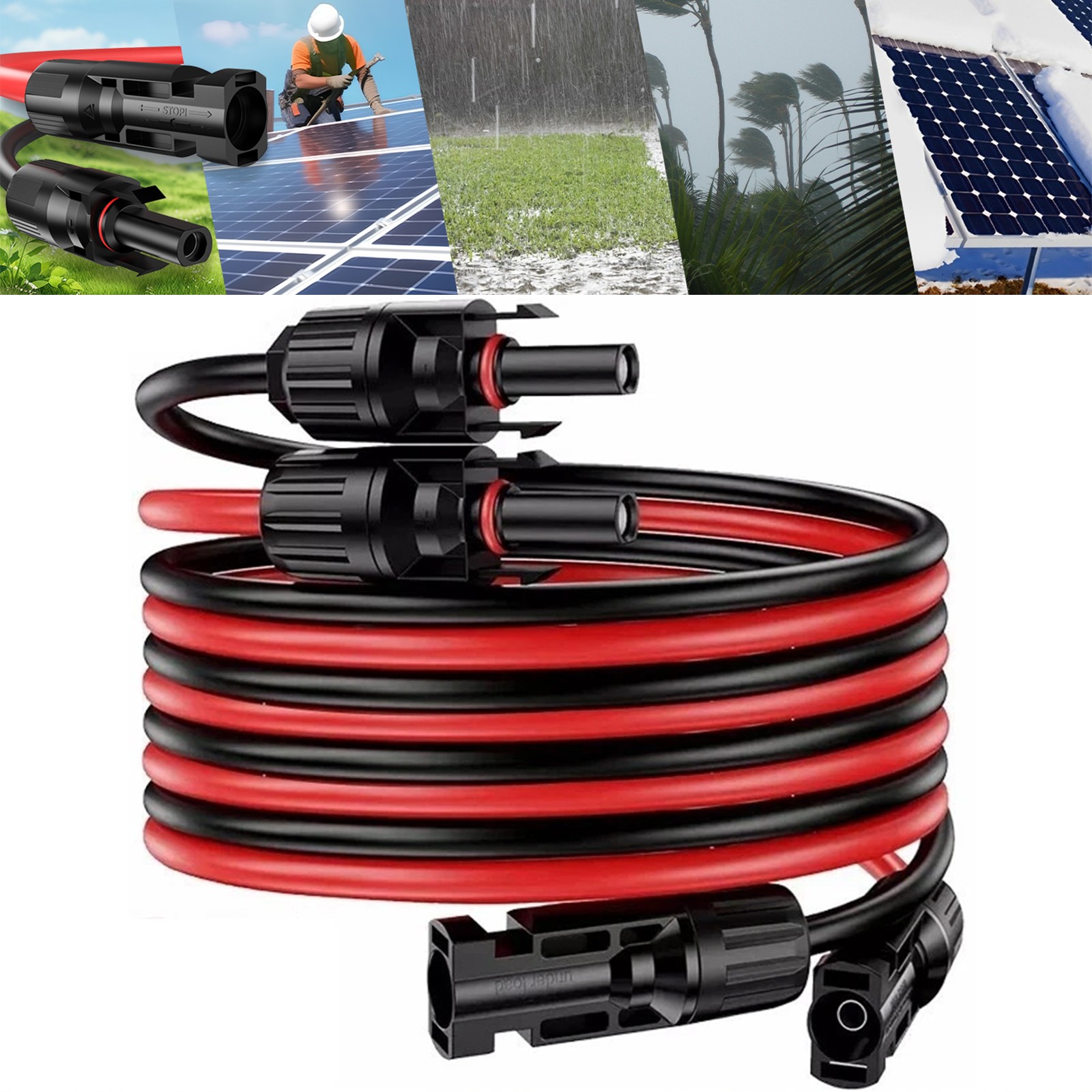 50ft 10AWG Solar Panel Extension Cable Flexible Wire Connectors Black + Red