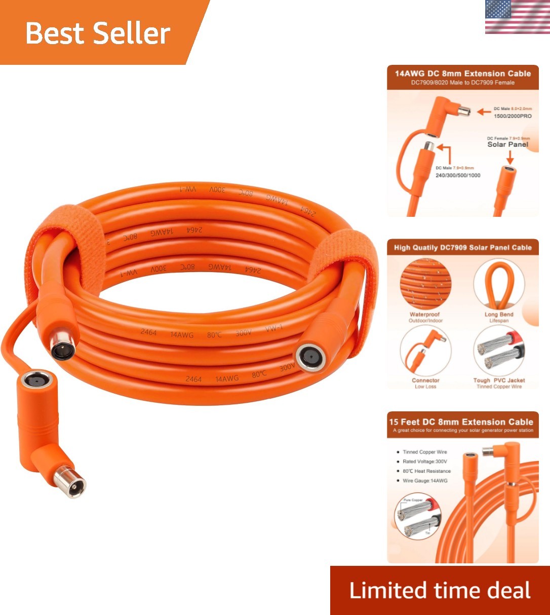 Versatile 15FT Extension Cable for Solar Panels – 14AWG, Flame-Retardant Design