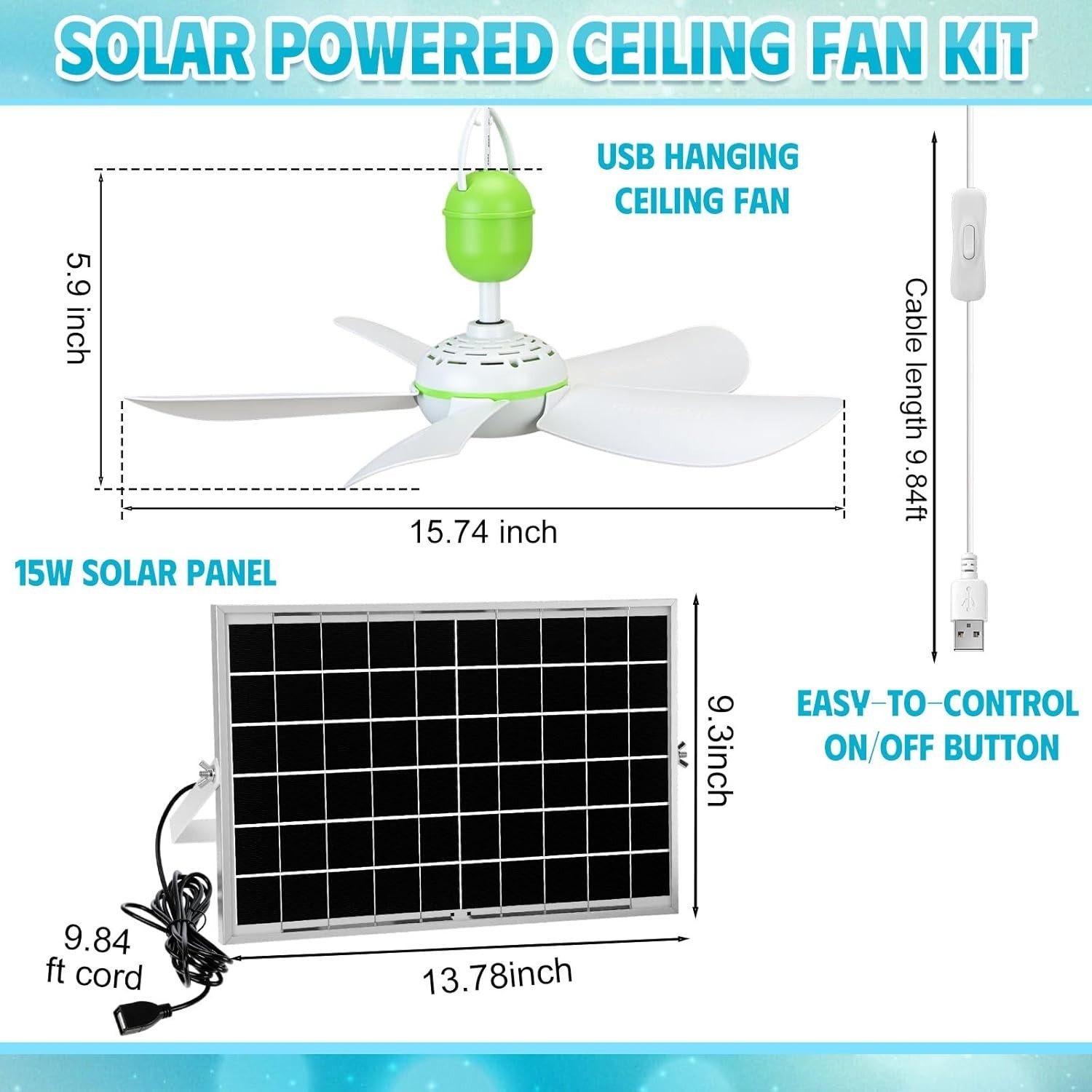 2 Set Solar Ceiling Fan Kit W/ 15w Panel USB Hanging Fan 15.74” Dual Power