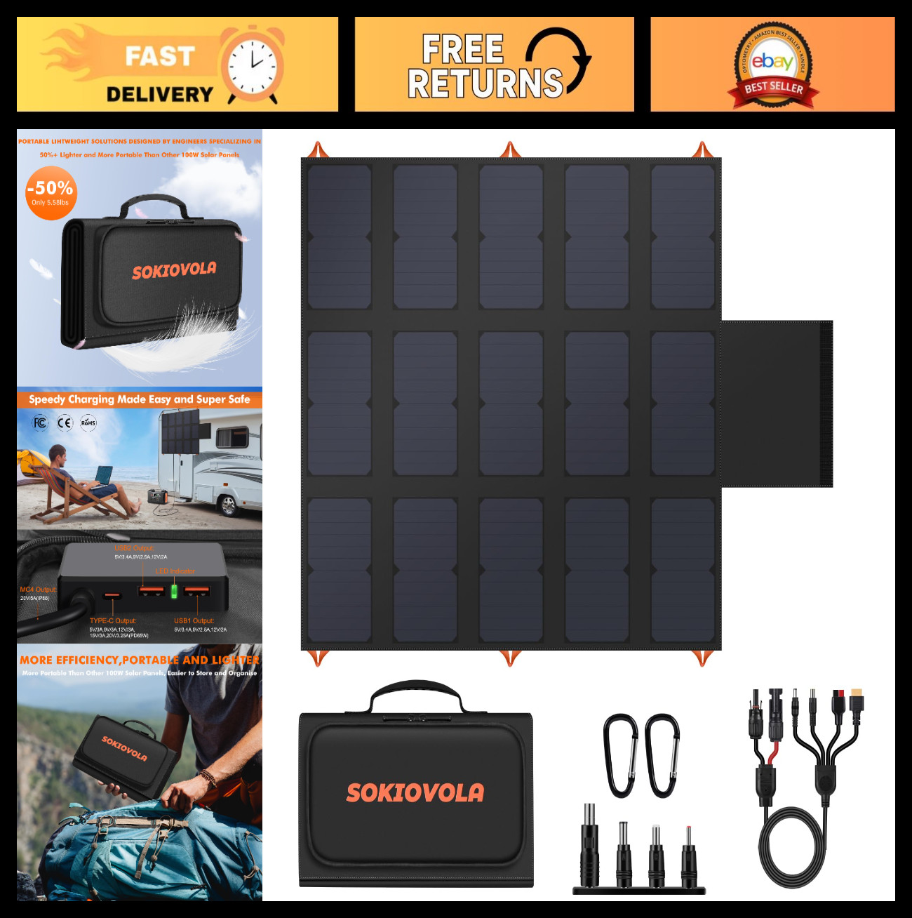 100W Portable Foldable Solar Panel Charger – QC3.0 USB-A & Type-C, Waterproof fo
