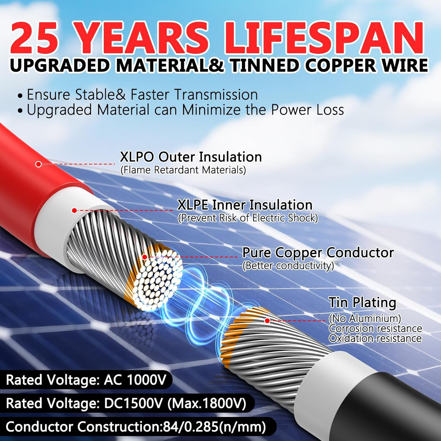 2X100 Feet Solar Panel Extension Cable, 10AWG Solar Cable with Female and Male W