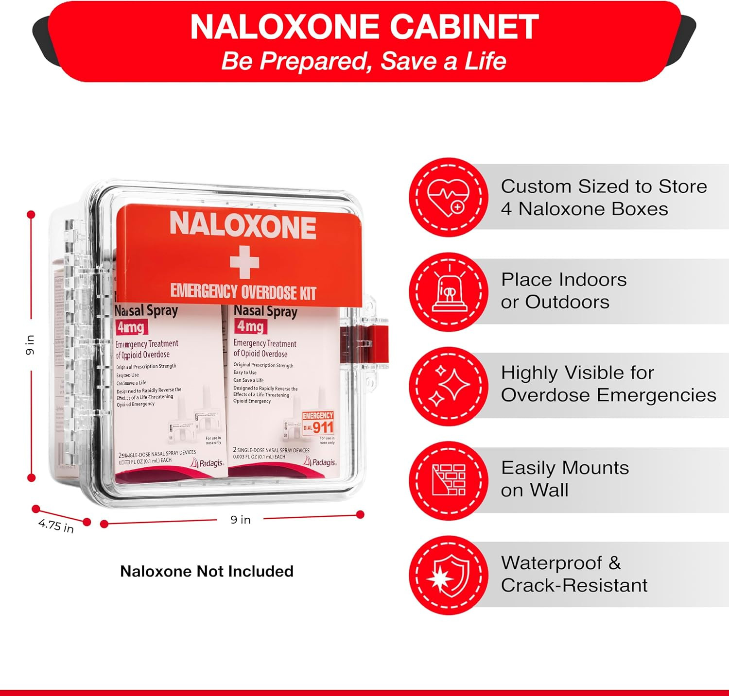 Outdoor Waterproof Naloxone Emergency Overdose Kit Cabinet – Clear Gasket-Sealed