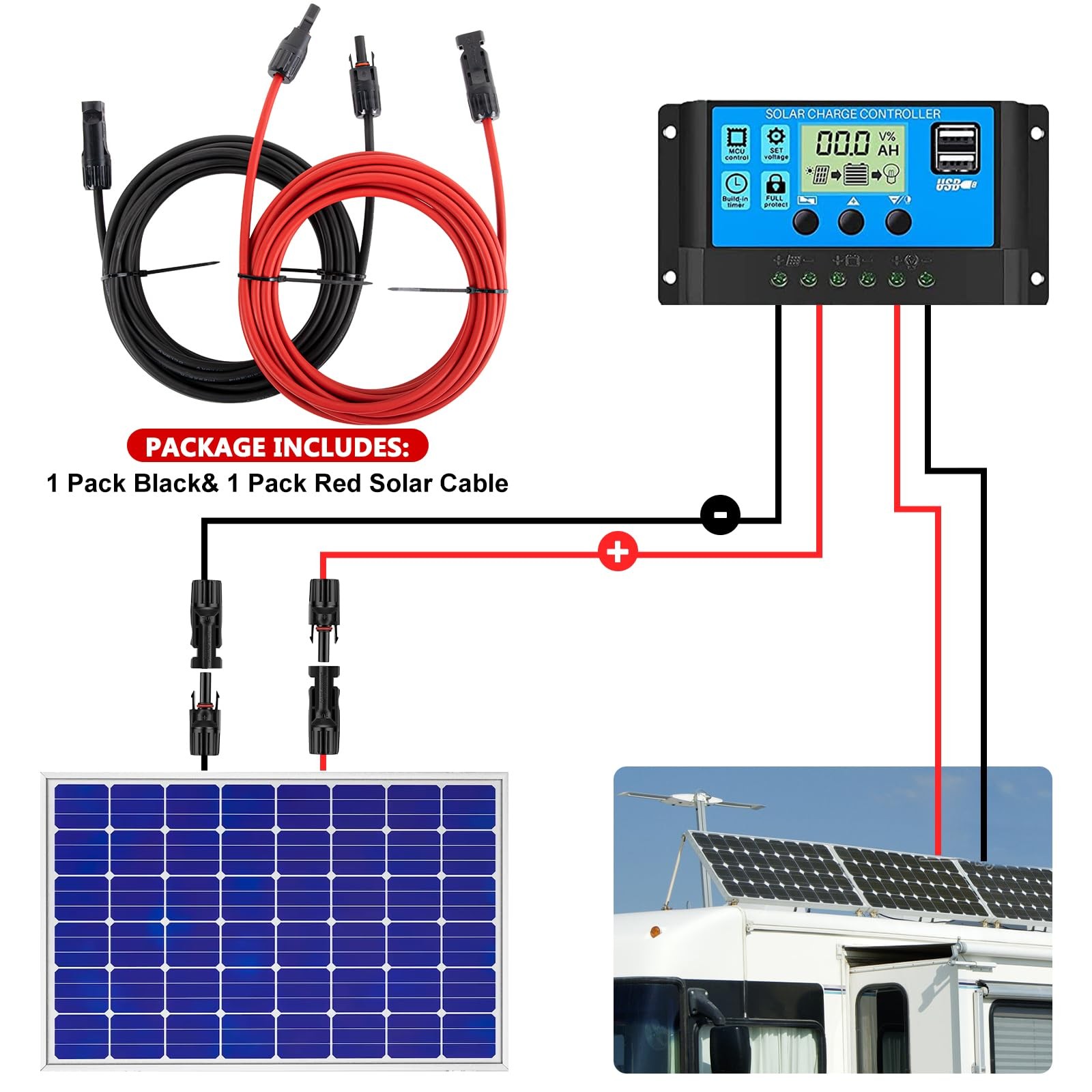 2×30 Feet Solar Panel Extension Cable- 10AWG Solar Cable Solar Panel Cable wi…