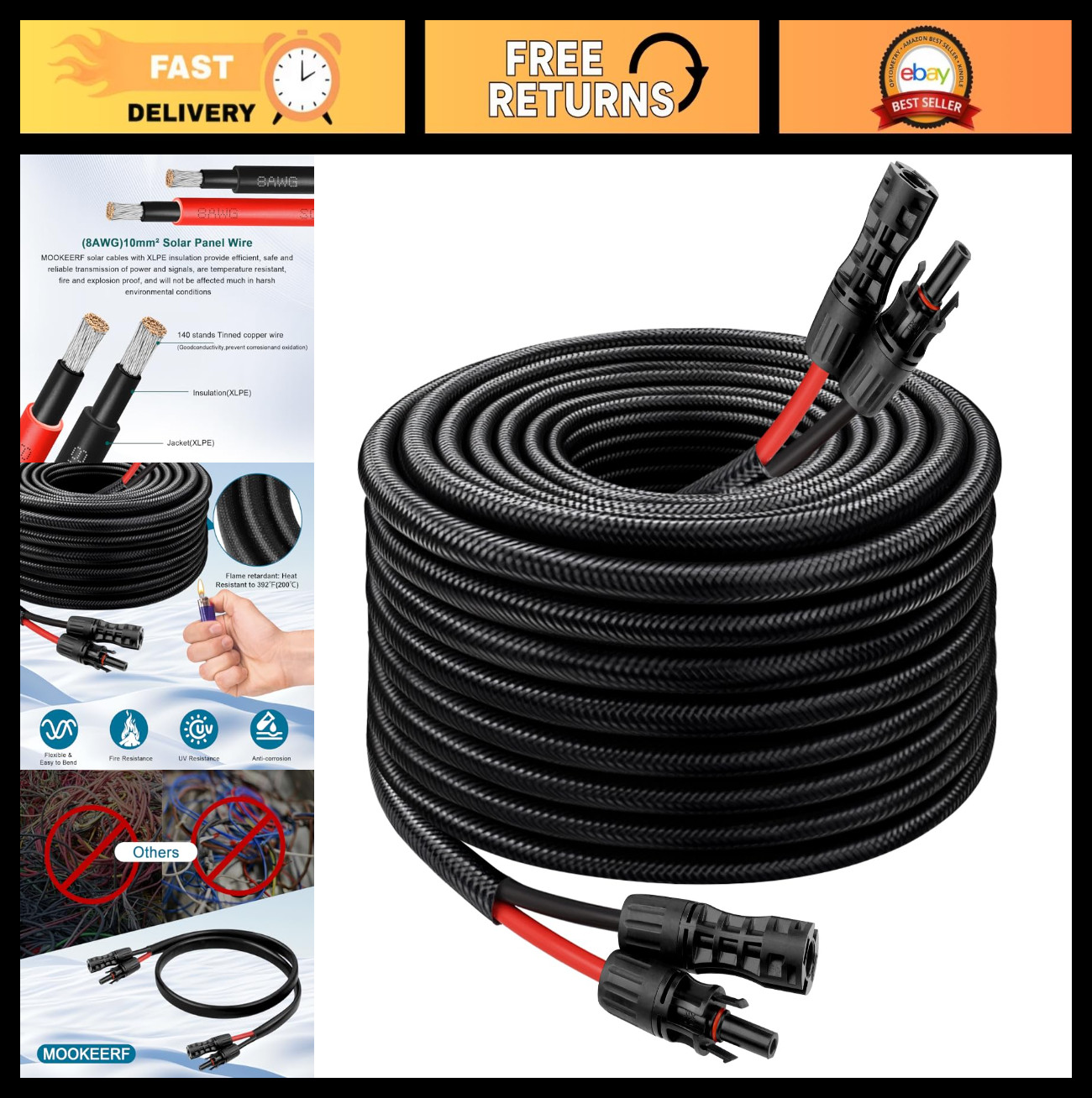 30FT 8AWG Solar Panel Extension Cable – Waterproof Connectors, Flame Retardant P