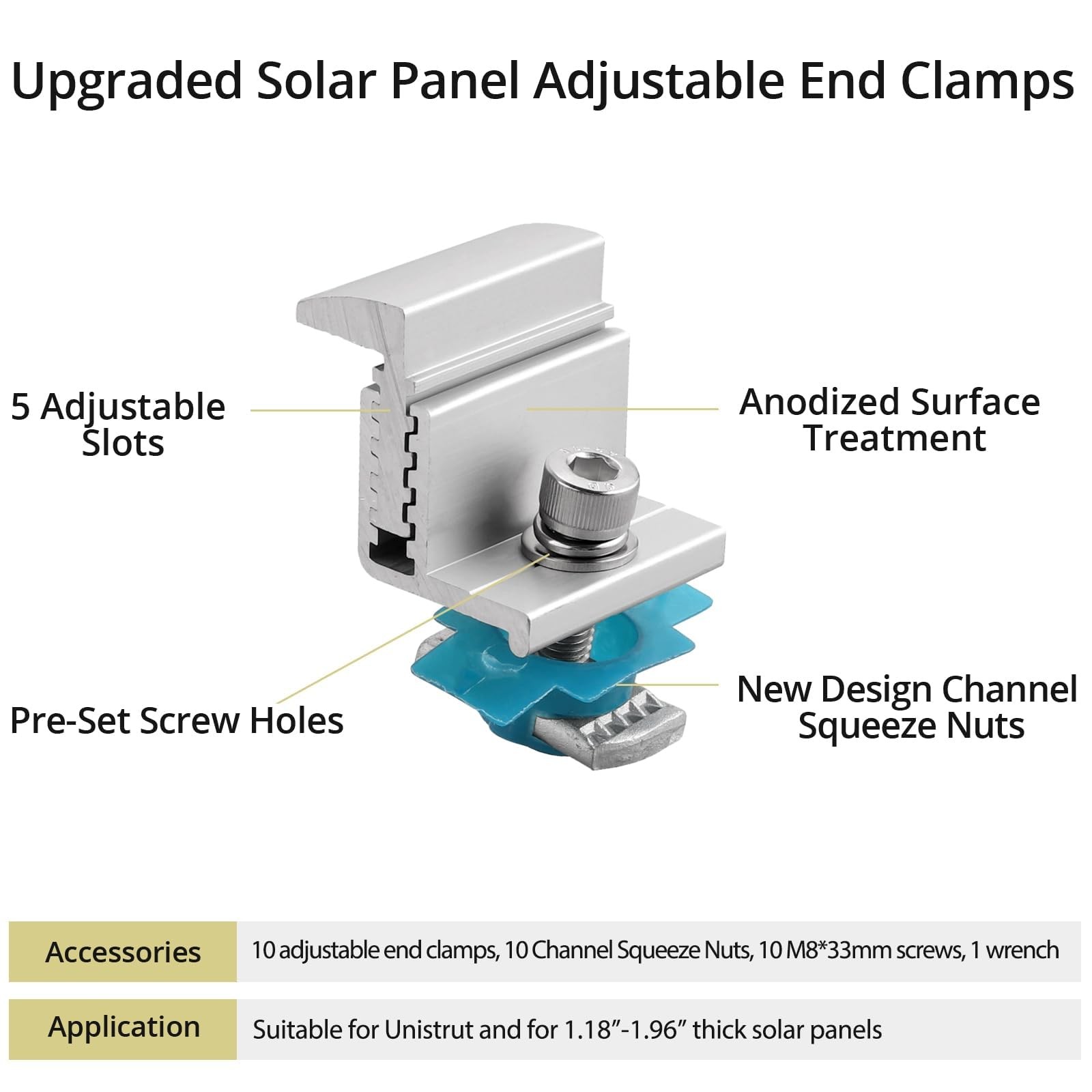10pcs Adjustable Solar Panel End Clamp for Unistrut, 30-50mm Aluminum Solar P…