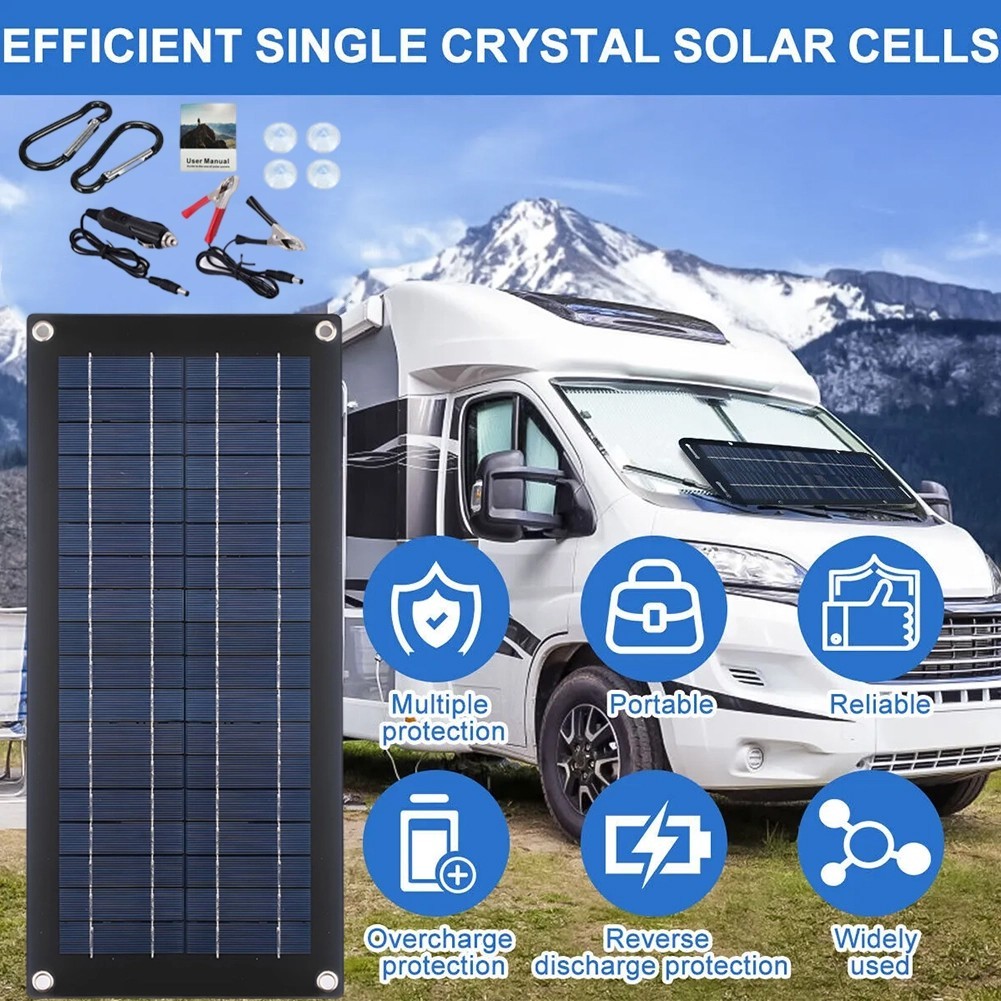 60W 18V Solar Panel Charger for Car RV Van Boat with Dual 5V USB Outputs