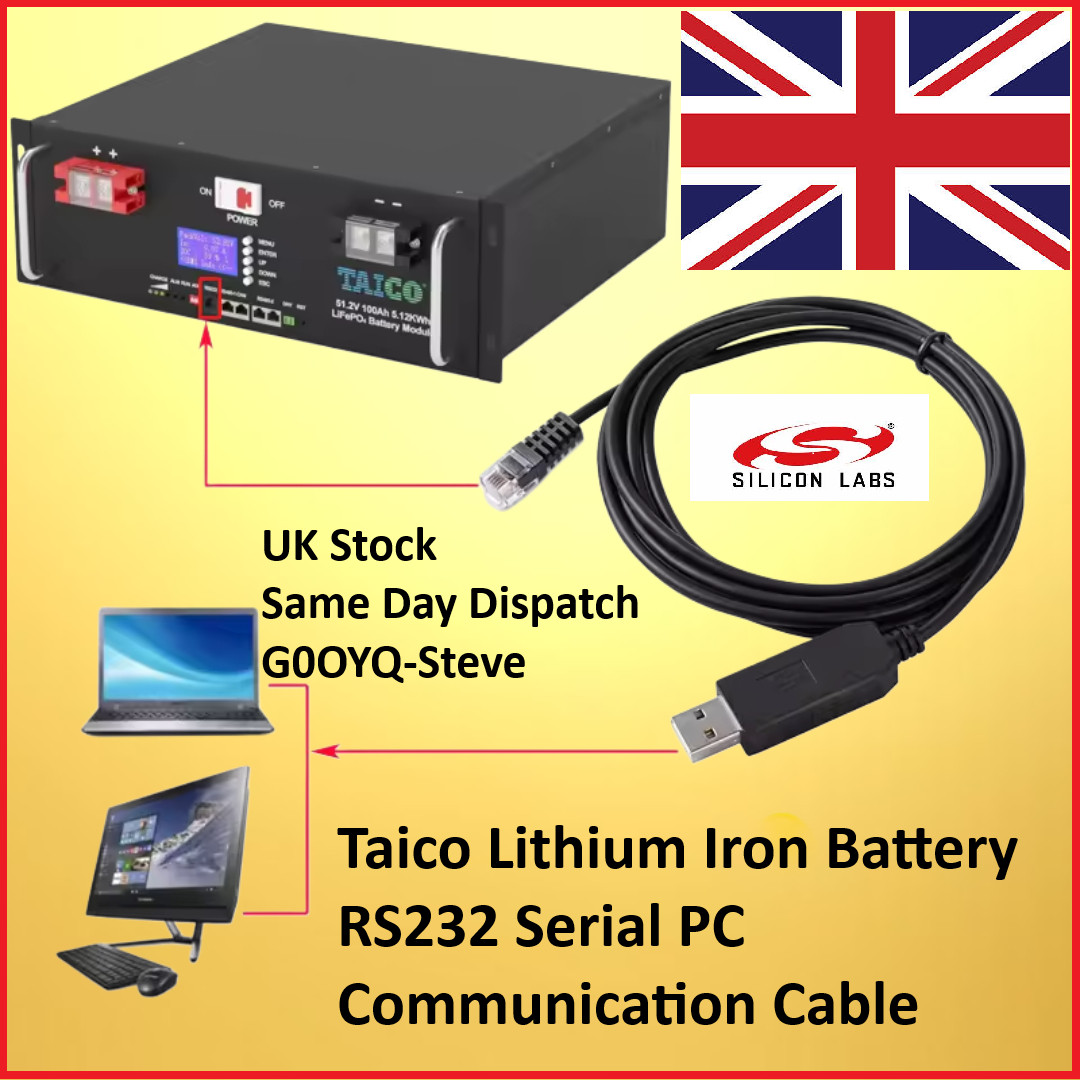 Taico Lithium Iron Battery RS232 Serial PC Communication Cable 1.8m Long