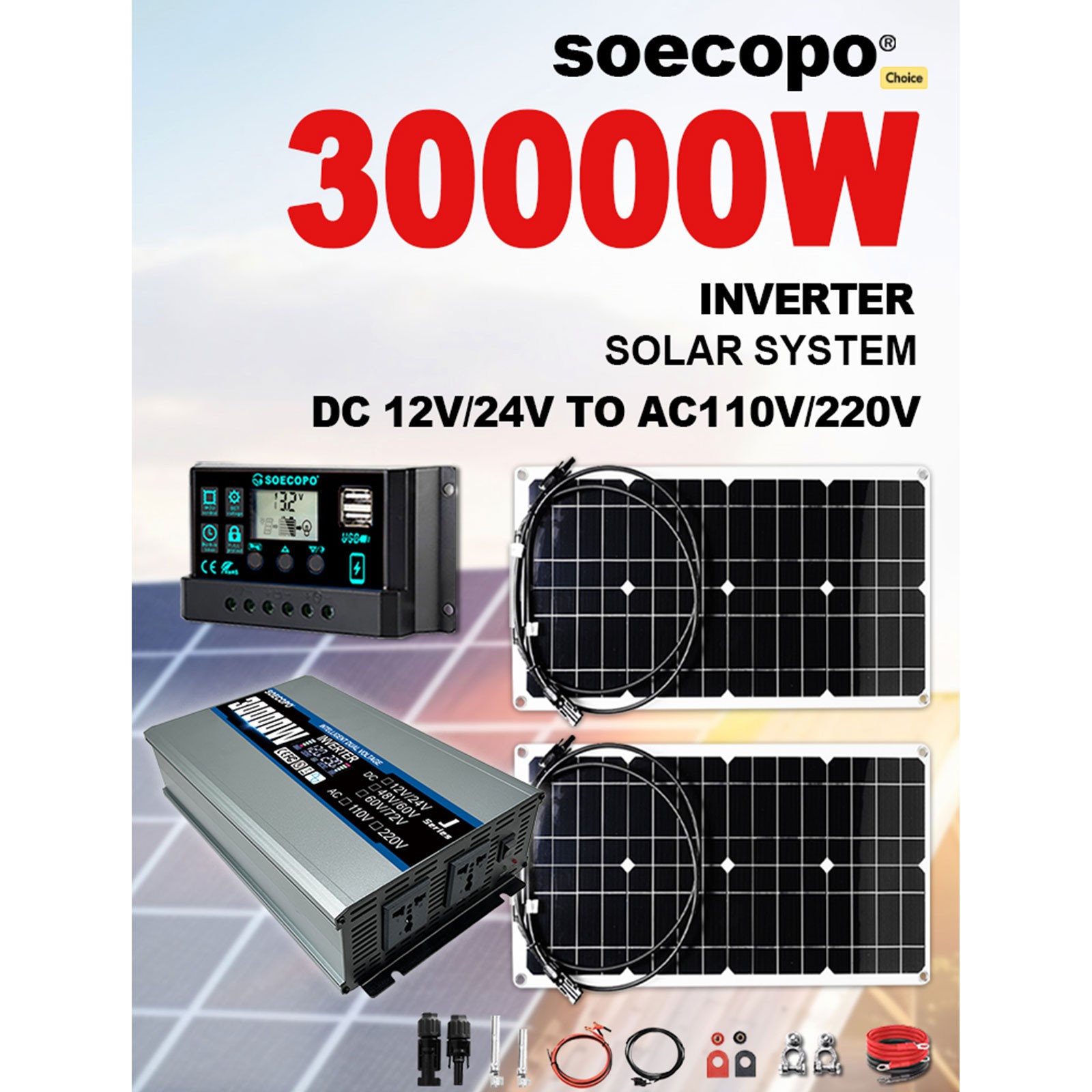 30000 Peak Solar System Kit 2pcs Flexible Panel DC 12V/24V AC110V 220V Invert4e