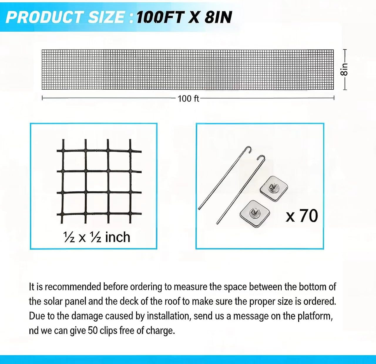 Solar Panel Bird Guard Mesh 8In X100 Ft 70 Fasteners Solar Critter Guard Solar P