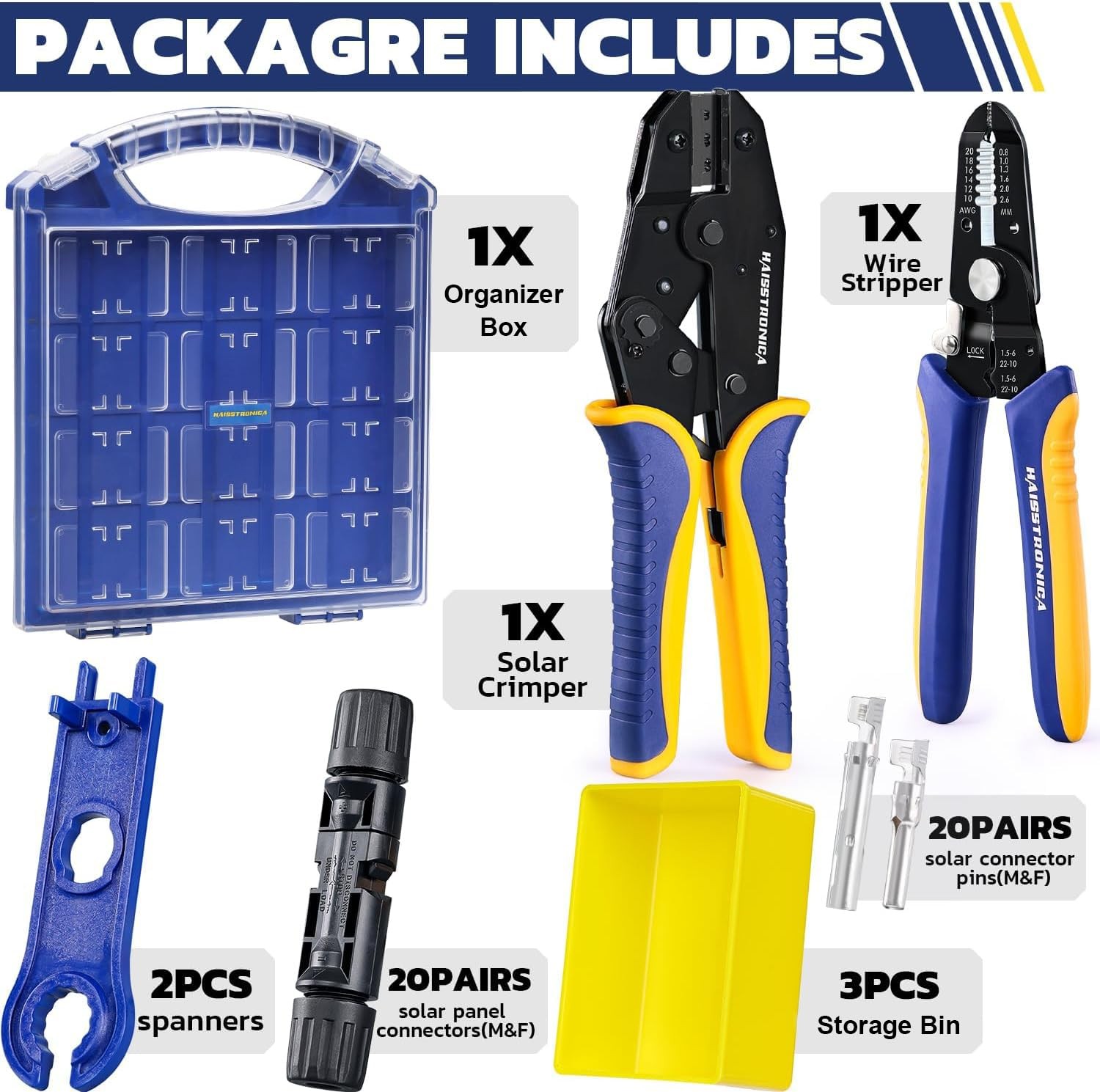 haisstronica 25PCS Solar Crimping Tool Kit, 20 Pairs MC4 Connectors AWG14-10(2.5