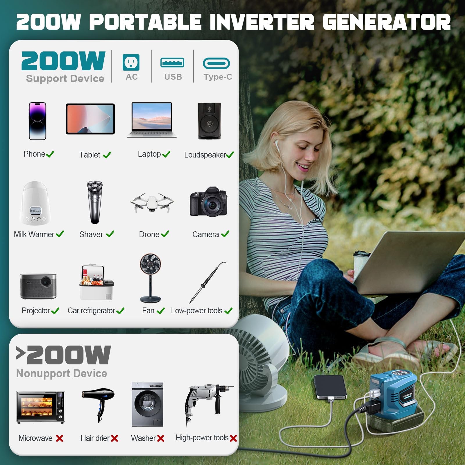 200W Power Inverter for Makita 18V Battery, DC 18V to AC 110-120V(NO Battery)