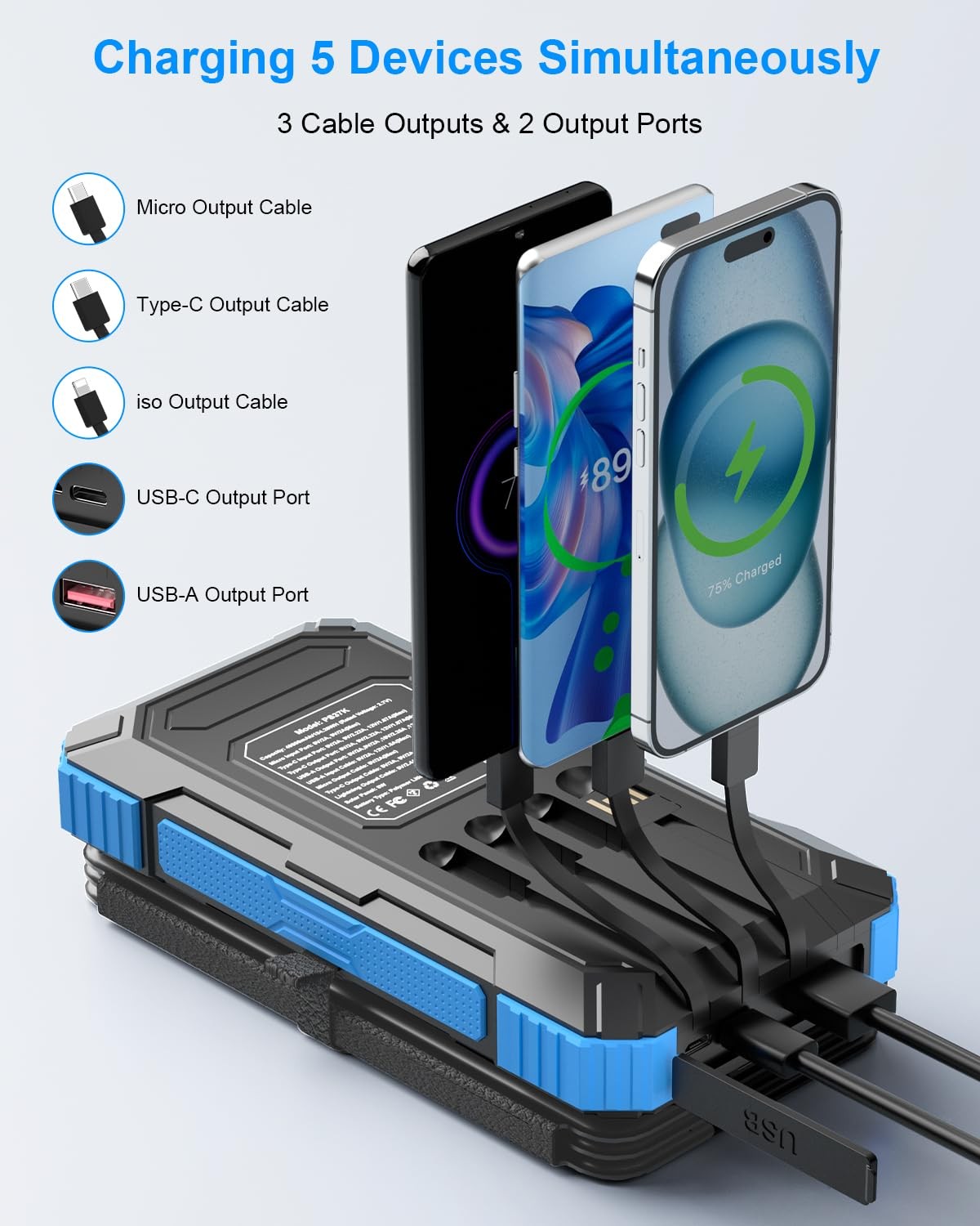Kepswin Solar Charger Power Bank 49800mAh with 4 Built-in Cables & 3 Foldable Pa