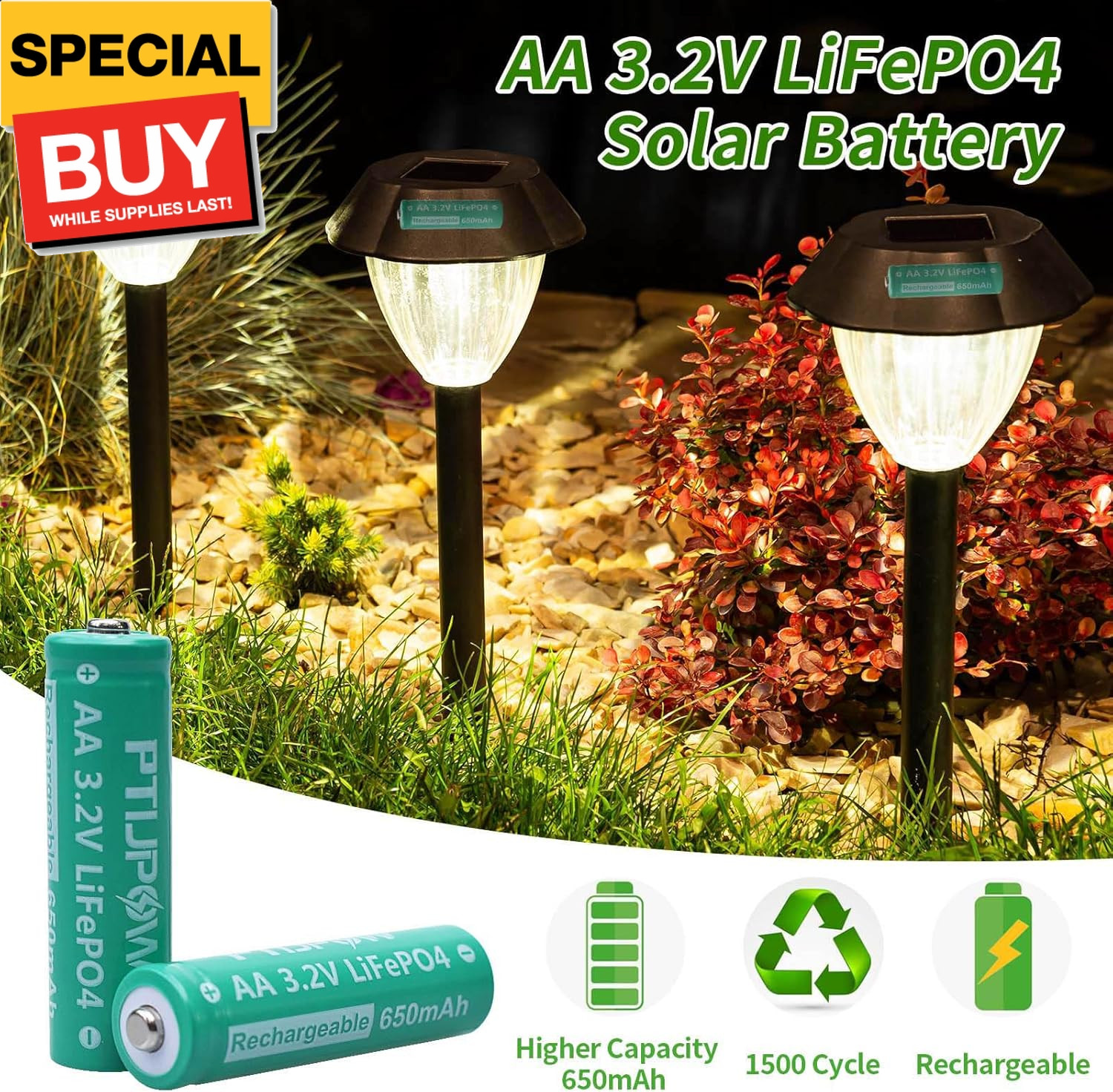 AA 3.2V LiFePo4 650mAh Solar Battery, AA 3.2V Lithium Iron Phosphate Rechargeabl