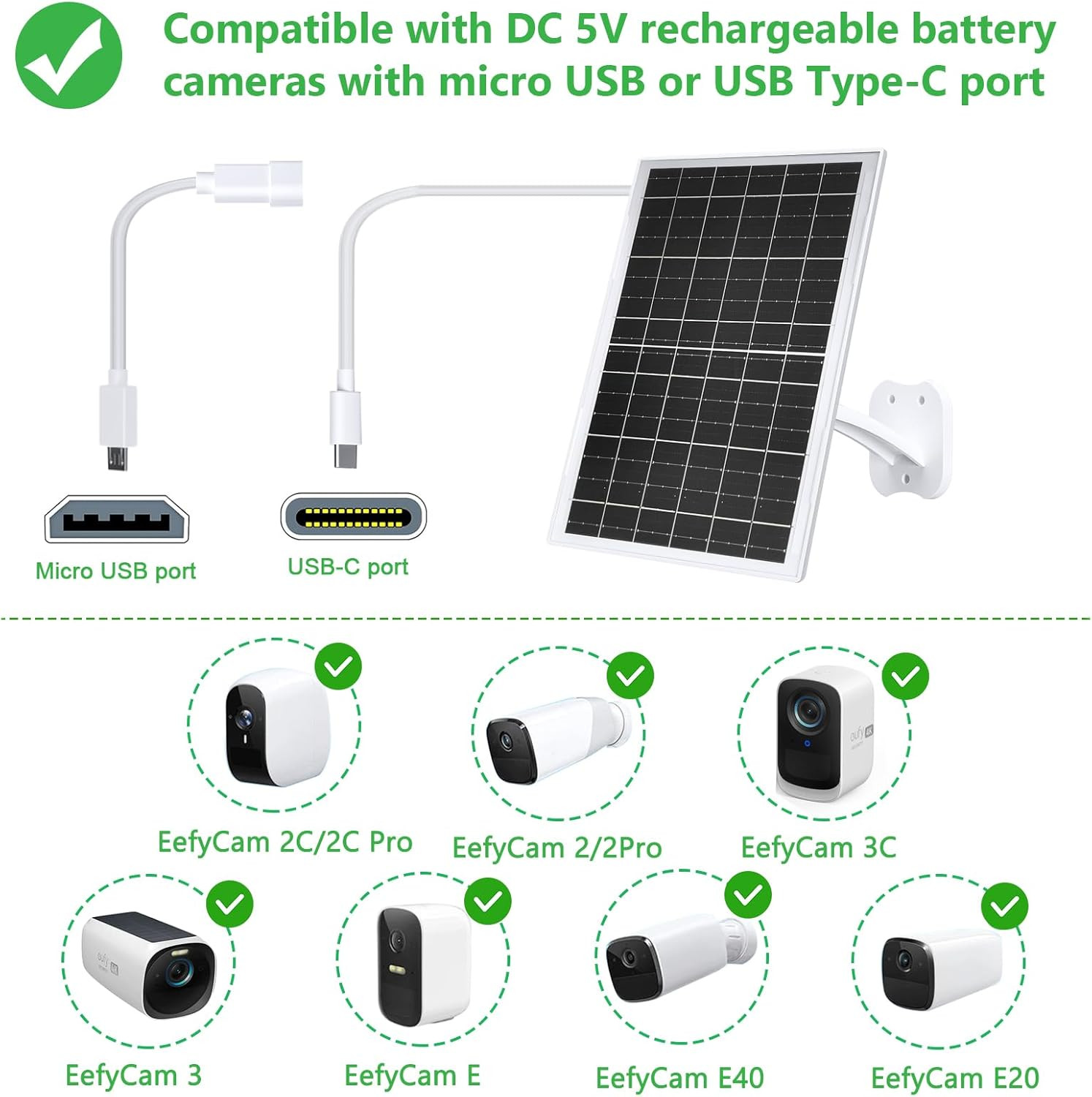 13W Solar Panel for Eufy Camera, 5V USB/USB-C Solar Charger Compatible with Eufy
