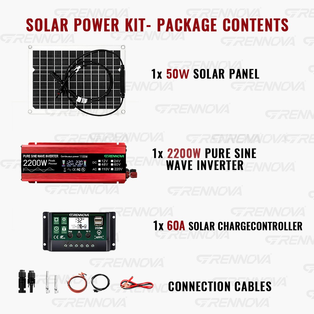 Grennova 2200W Solar Power Kit 50W Panel 12 To 110/220V Inverter 60A Controller