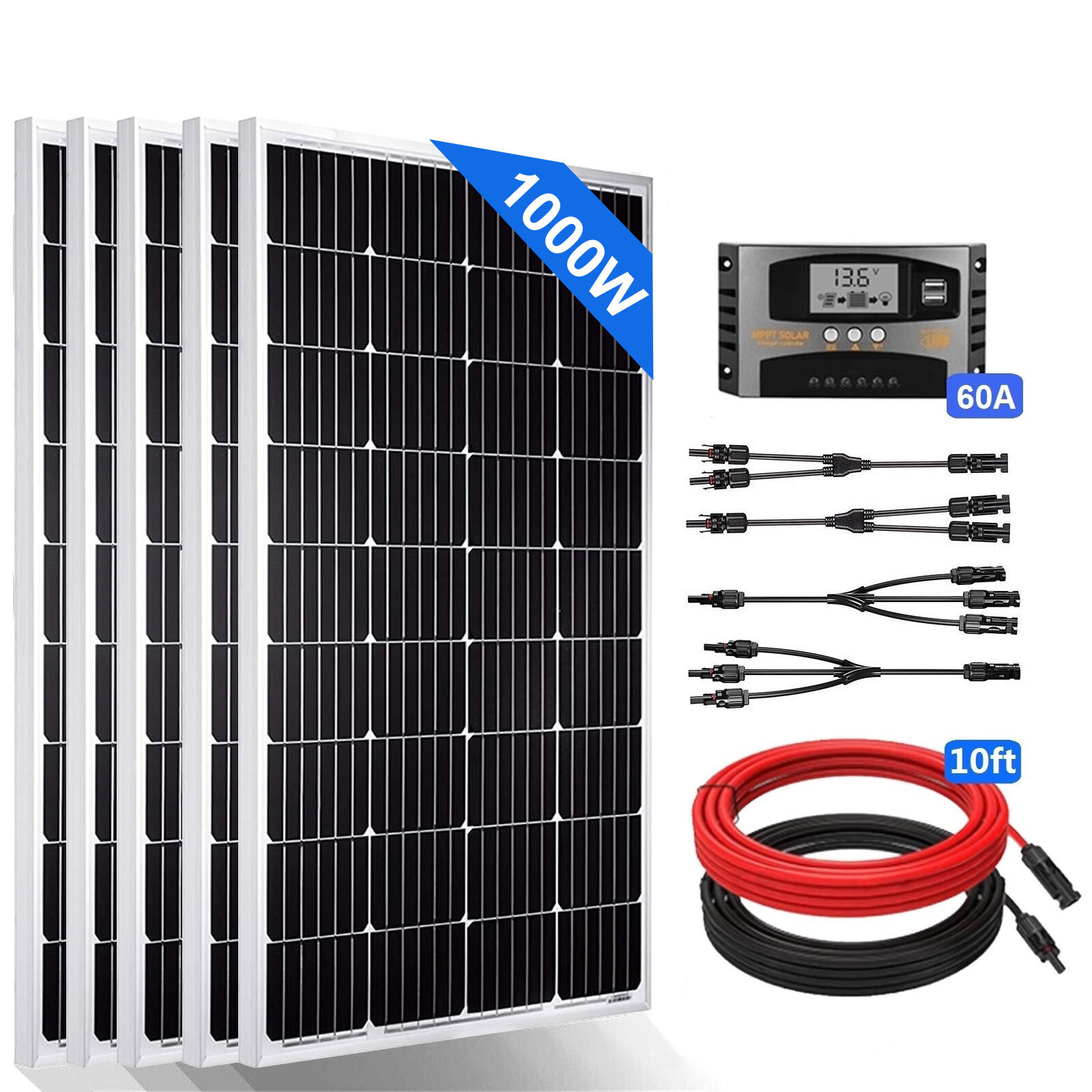 1000W Solar Panel Premium Kit for Home RV Boat PowerBattery Charger Off Grid US