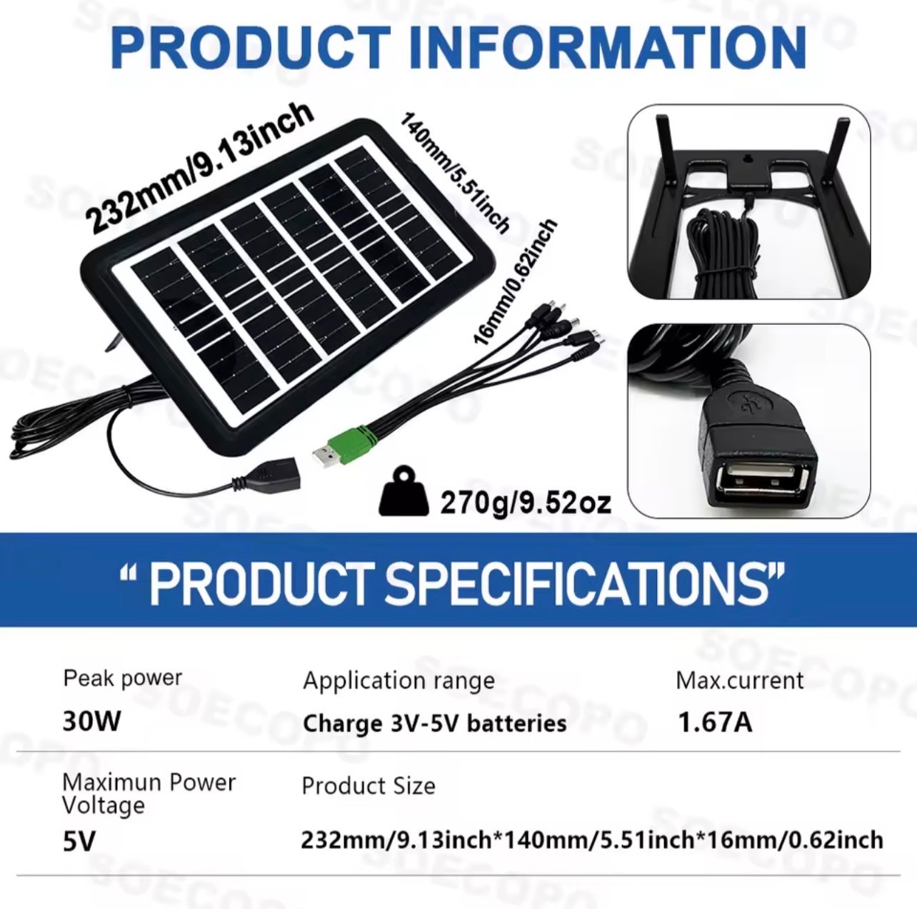 30W Portable Solar Panel 5V USB Charger w/ 5-in-1 Cable Camping