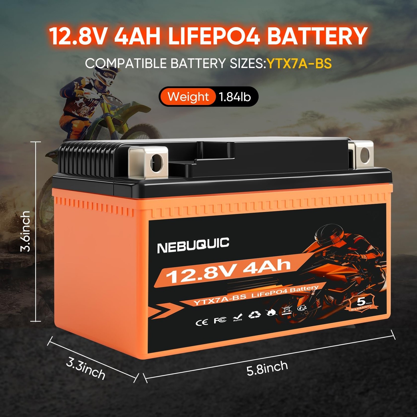 YTX7A-BS Lithium Motorcycle Battery, 12V 4Ah 400CCA LiFePO4 Powersport Replac…