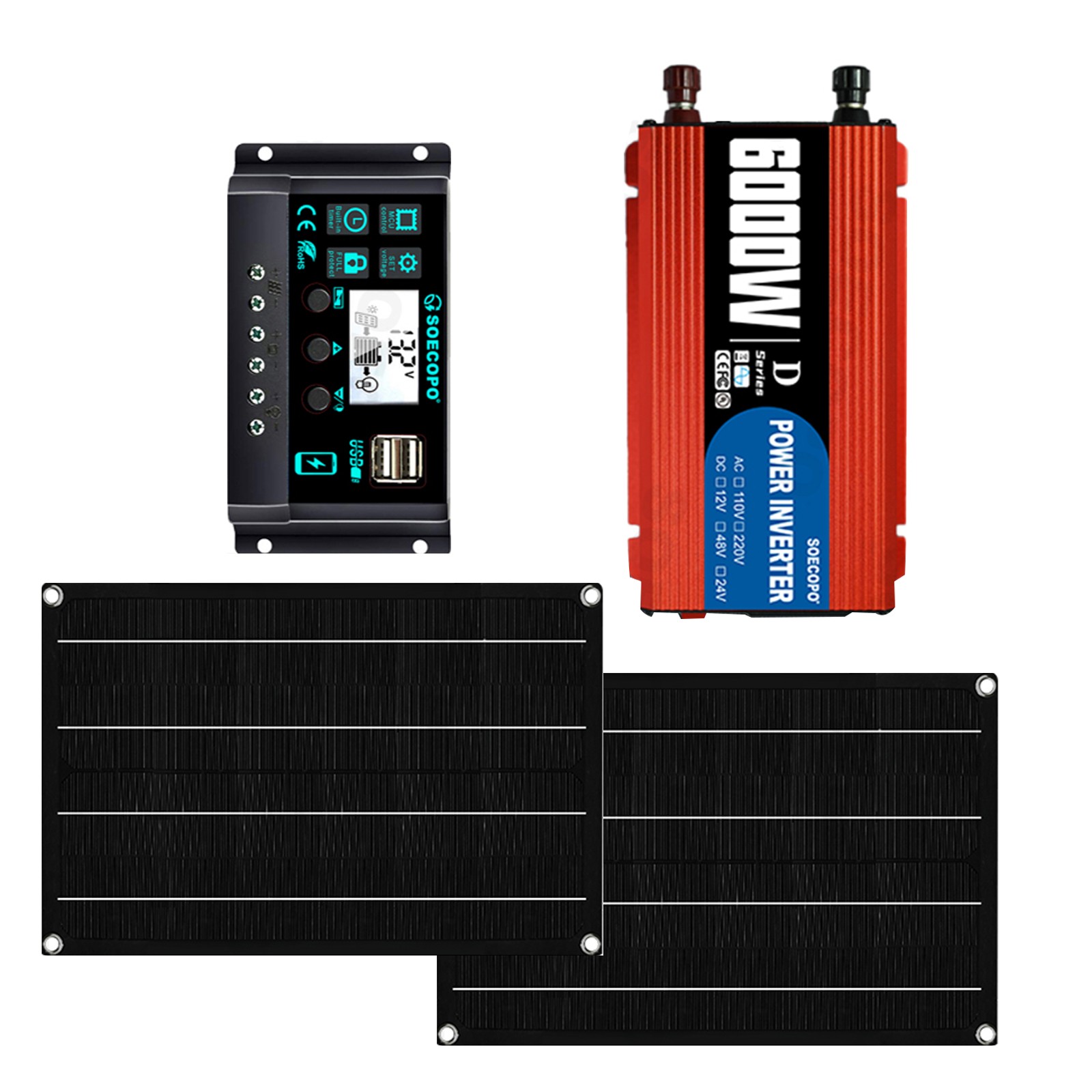 6000W DC to AC Solar Inverter Kit | Includes 2pc Solar Panels &Charge Controller