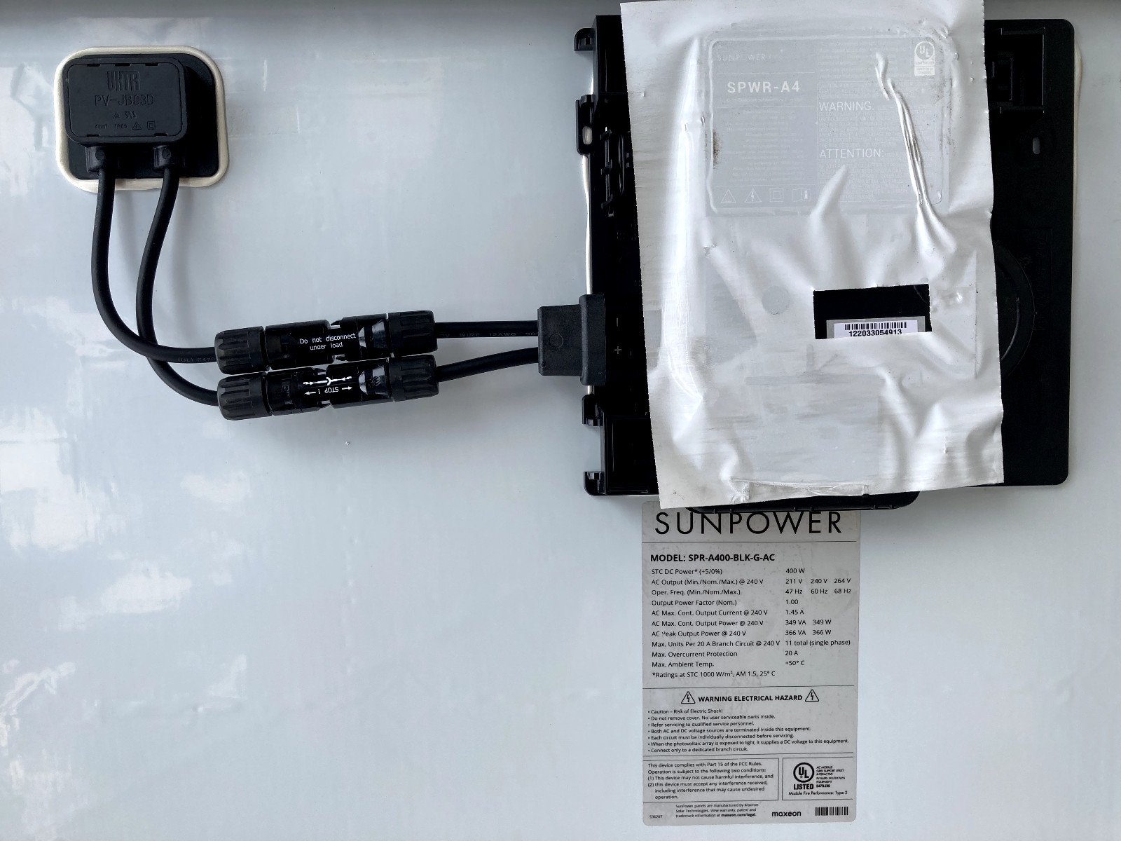 New SunPower Maxeon all-black 400W solar panel, model SPR-A400-BLK-G-AC