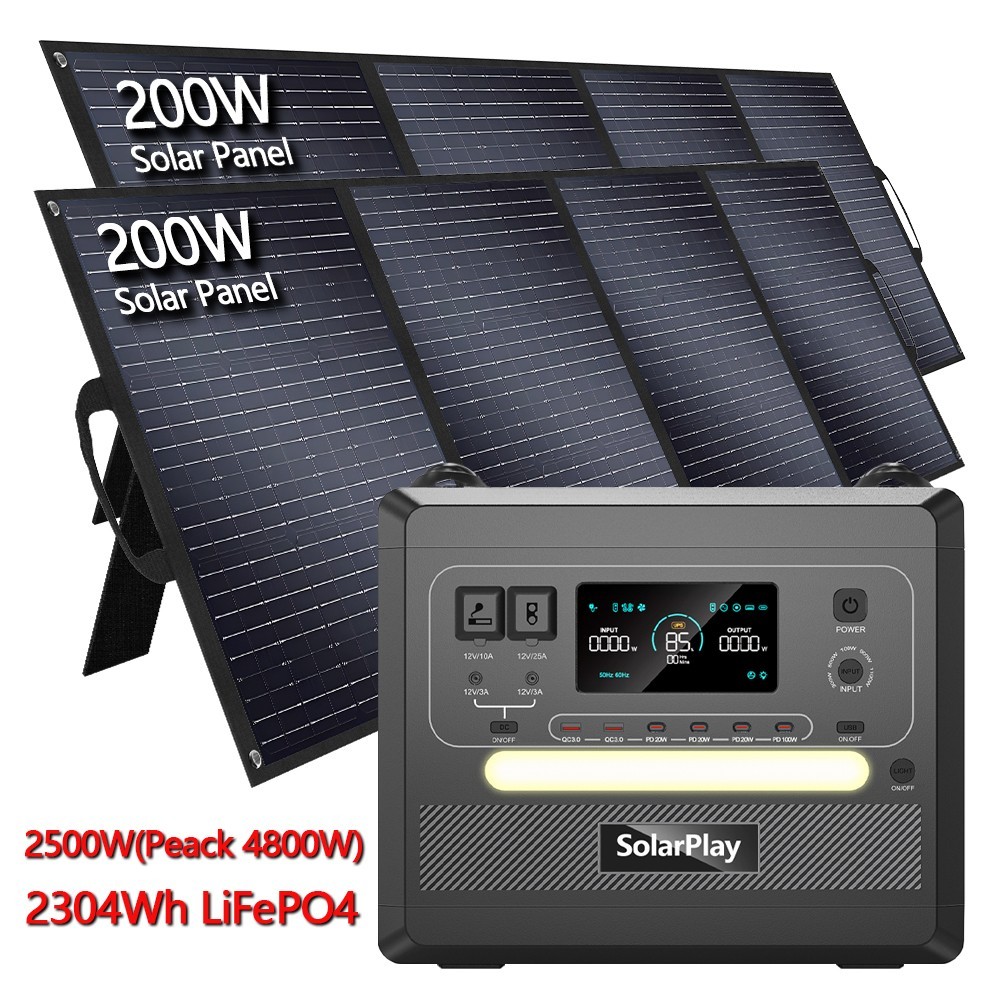 Solarplay Q2024M 2500W&2304Wh LiFePO4 Power Station with 2Pcs 200W Solar Panel