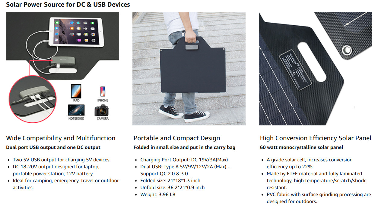 SOLAR PANEL Station Portable 60 Watt Foldable Highest Efficiency Cells FULL KIT