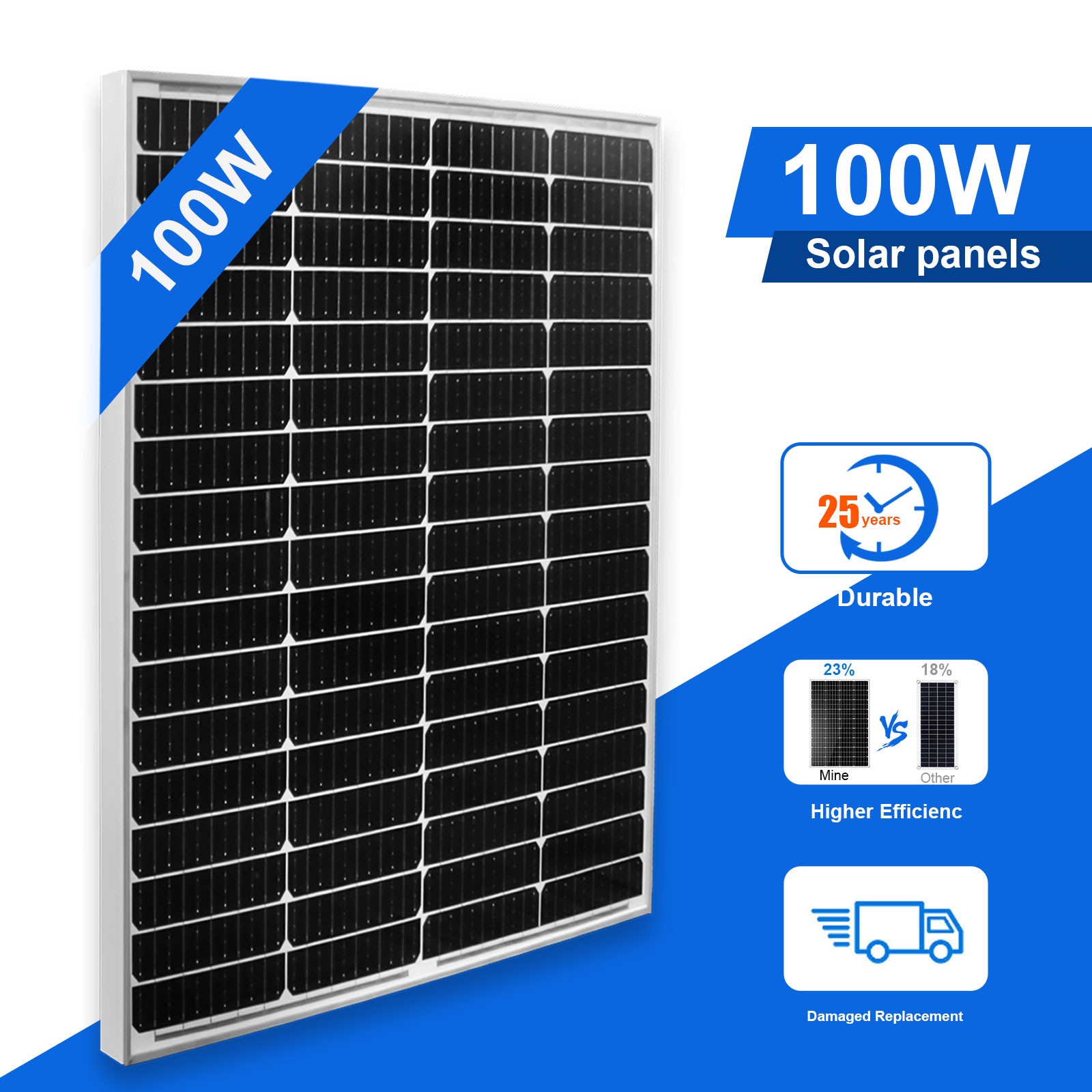 100W Monocrystalline Solar Panel 12V Solar Module Home RV Marine Camping Fishing