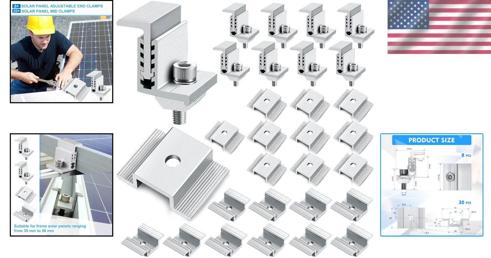 Modern Silver Solar Panel Mounting Kit | 28-Piece Adjustable Aluminum Clamps