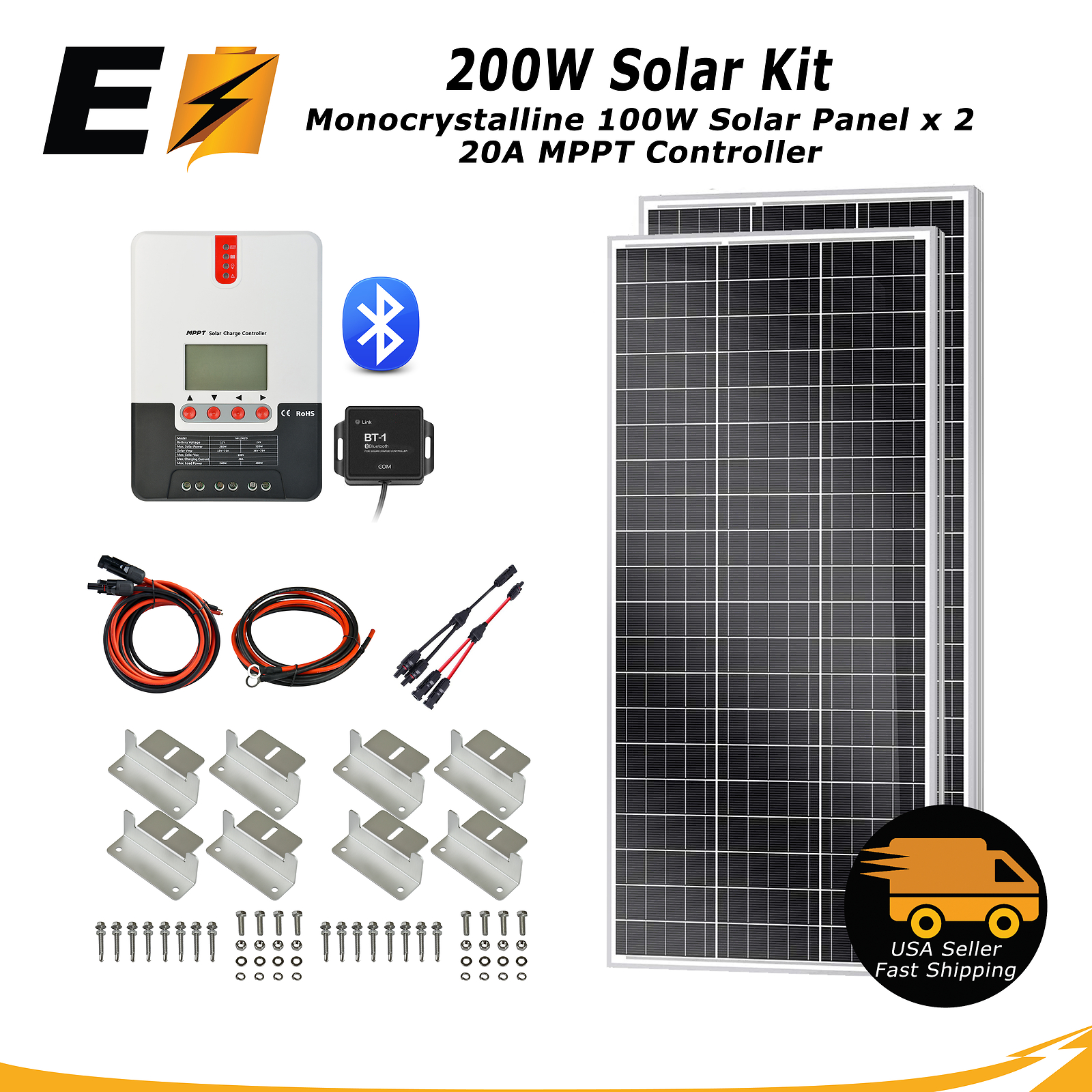 ExpertBattery 200W 12V Monocrystalline Solar Panel Kit with MPPT 20A Controller