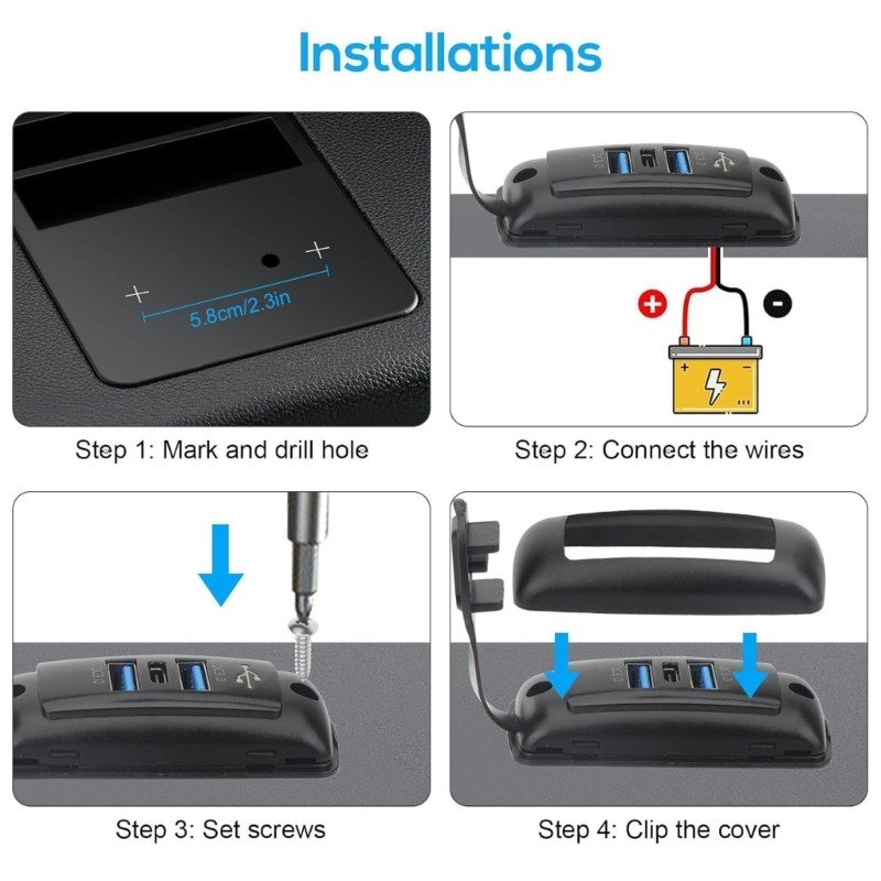12V 24V Vehicle Chargers 3 Port RVs USB Outlet Panel QC3 0 USB And PD3 0 Type C