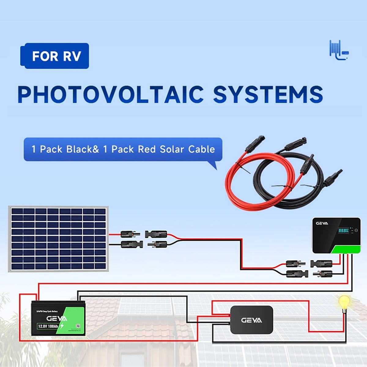 GEYA PV Wire Connector 10 AWG Solar Panel Extension Cable 1Pair Black & Red 6mm²