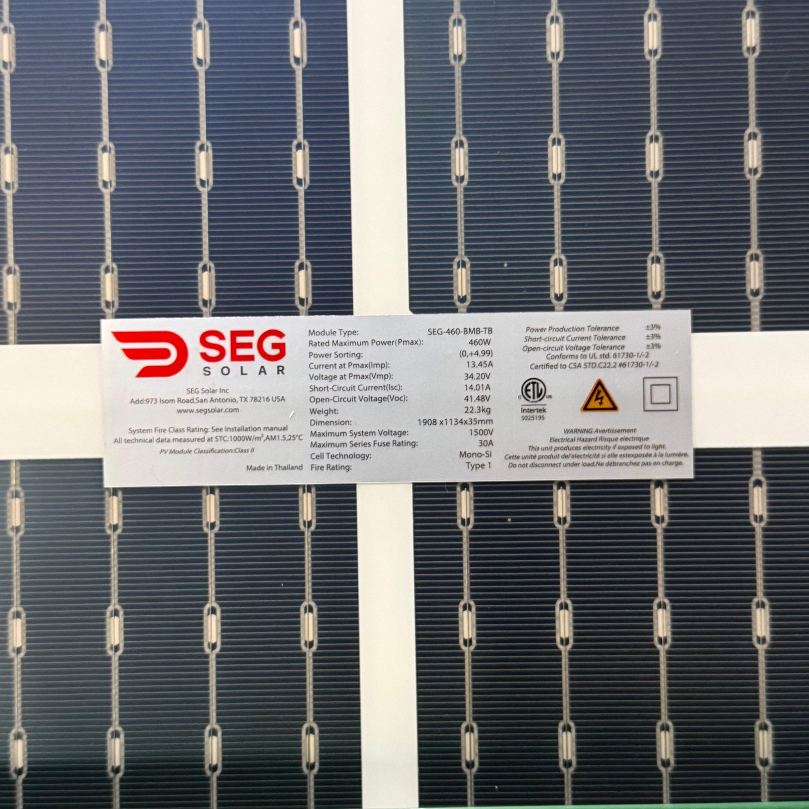SEG SOLAR Photovoltaic Solar Panel Module Black 460W 75″ L x 45″ H x 1.5″ W SEG-