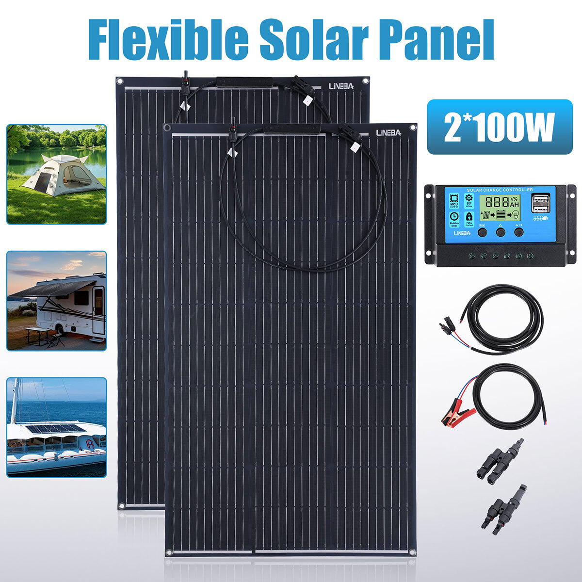 100W 200W Watt Mono Solar Panel 18V Off-Grid Battery Charger RV Home+Controller