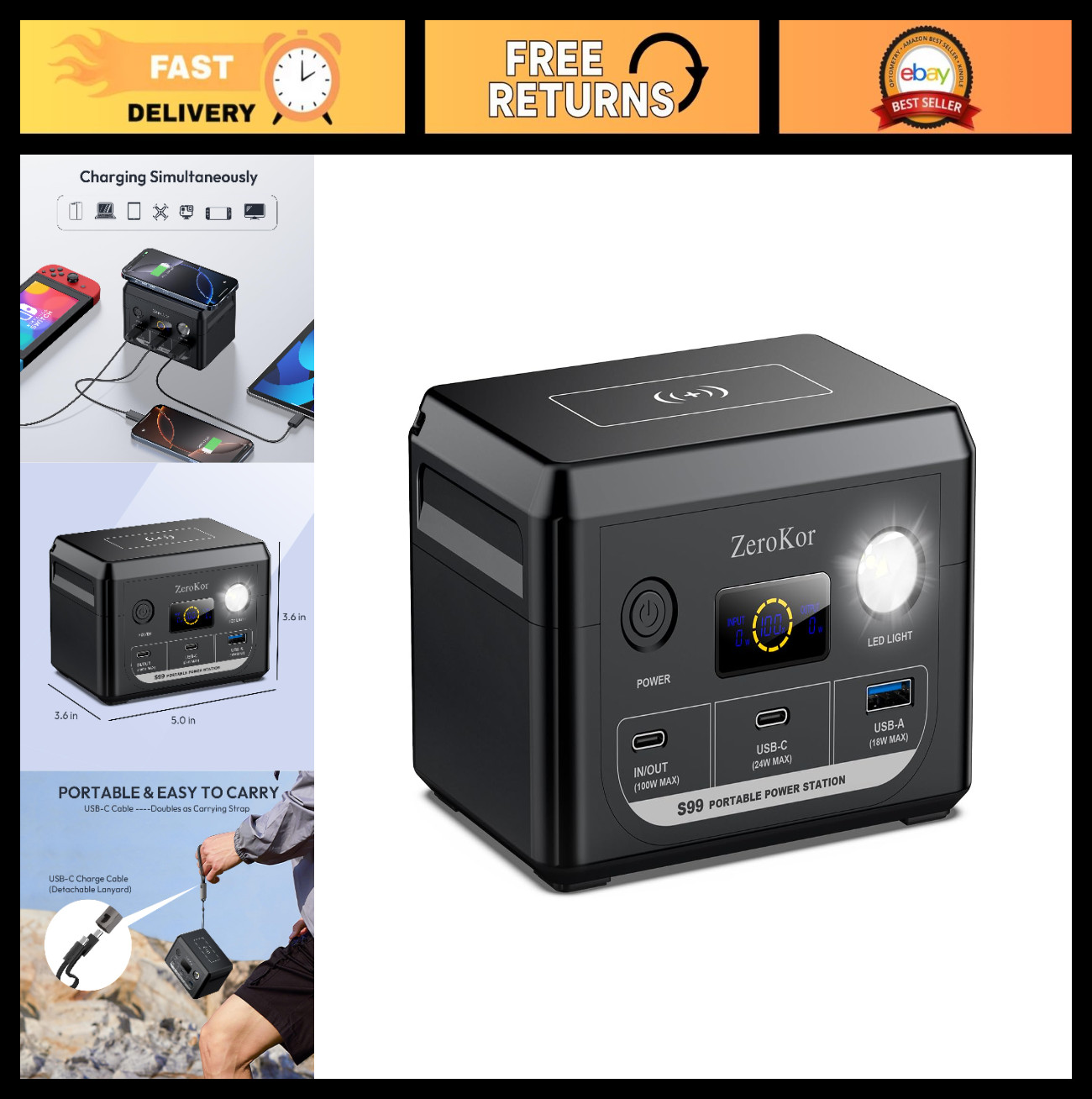 100W Portable Power Station, 30000mAh LiFePO4 Battery, USB-C Fast Charging, Outd