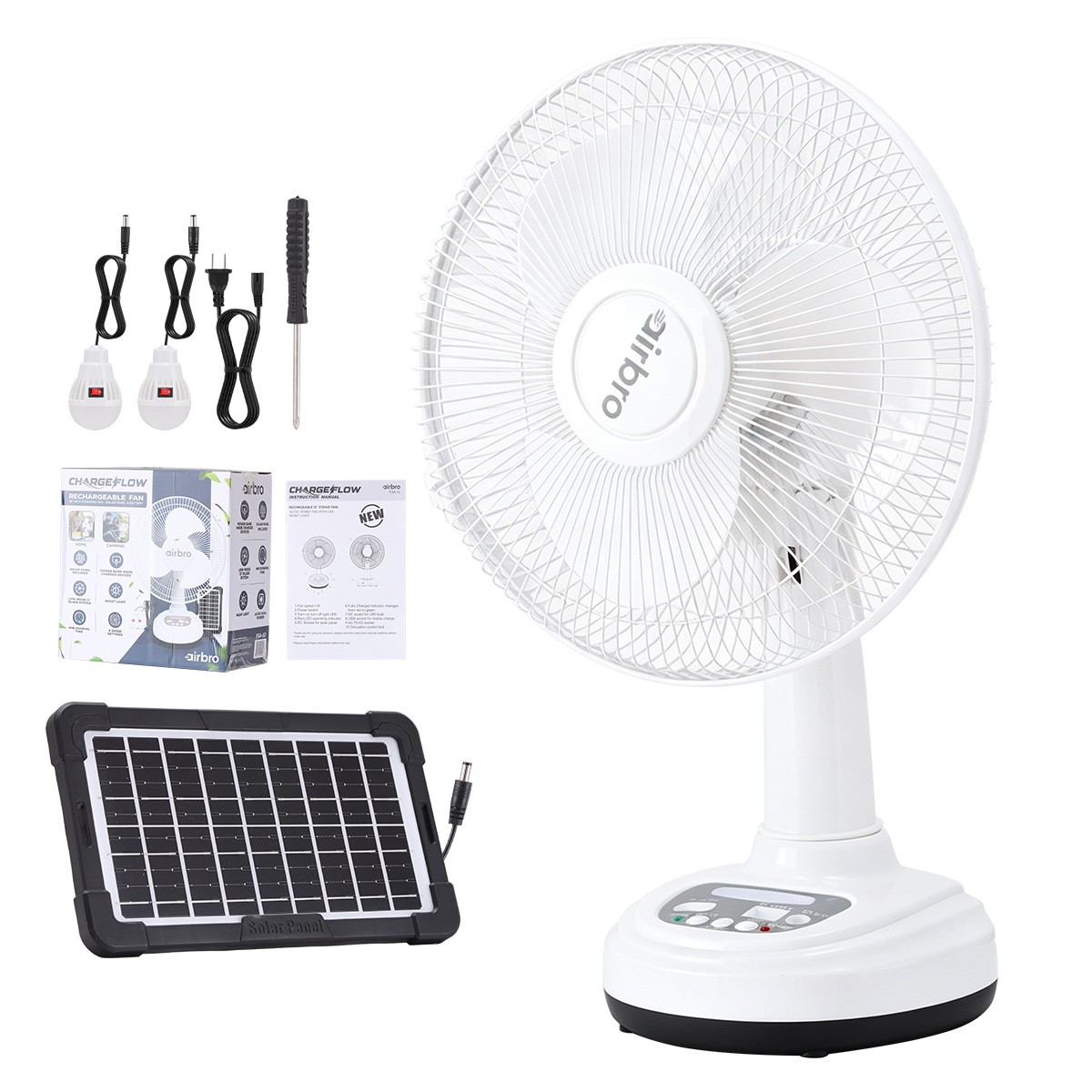 Table Fan 2-Speed 12-Inch Rechargeable Solar Powered w/ Safety Grill & 2pcs Blub