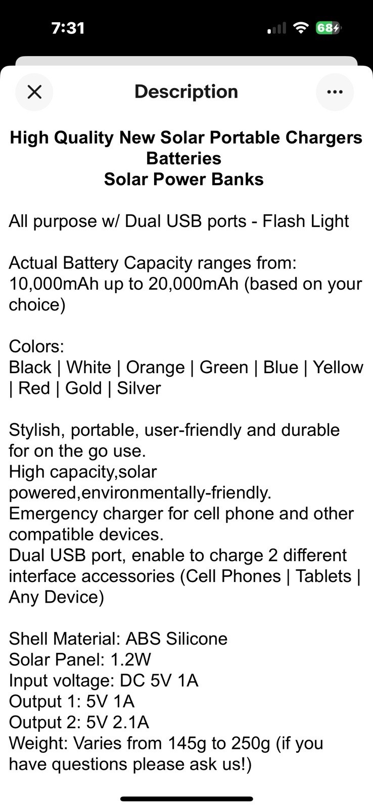 LIT Portable Power Bank Solar Panel 3 USB Outputs Input Micro USB DC 5V/2A