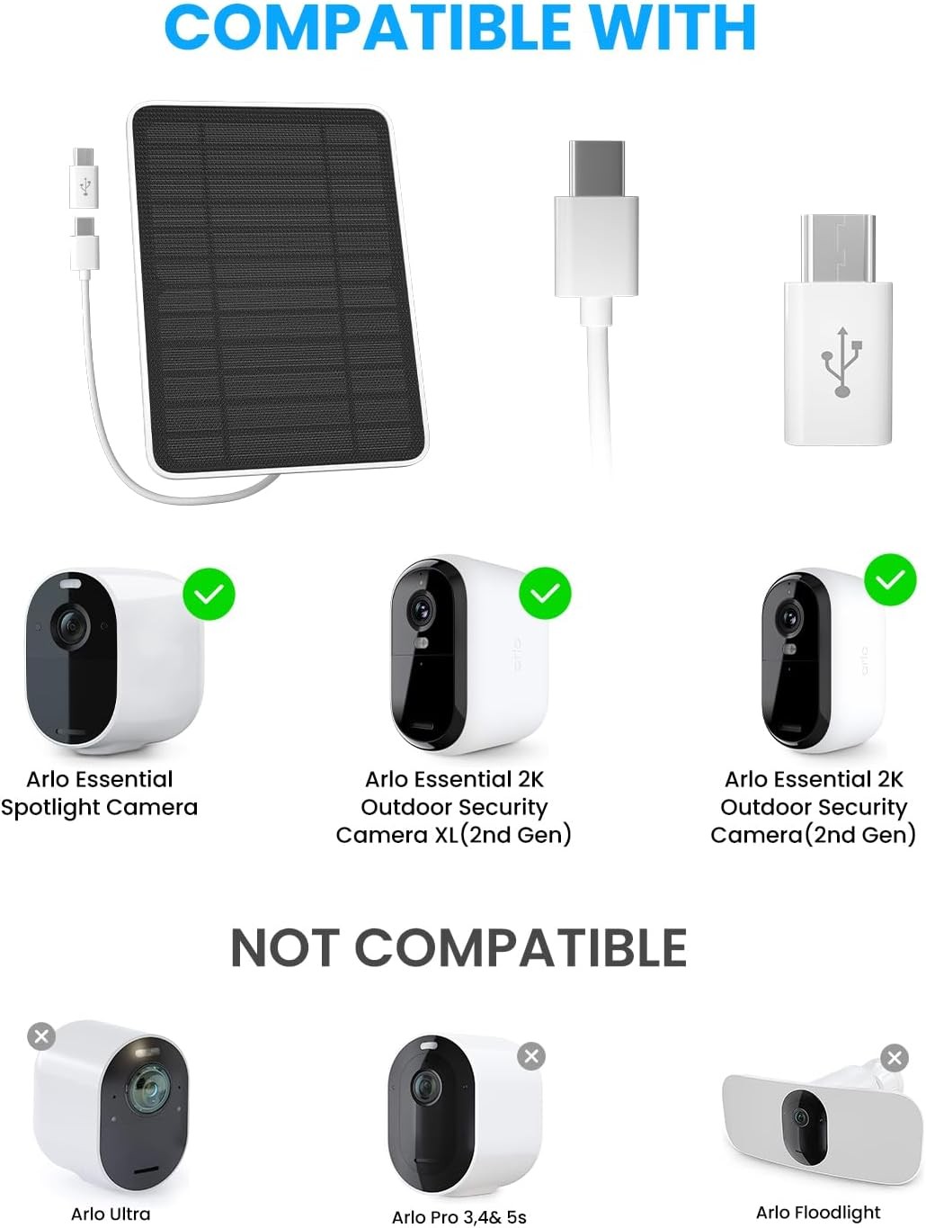Solar Panel Charger Compatible W/ Arlo Essential 2K Outdoor(2nd Gen)/Essential